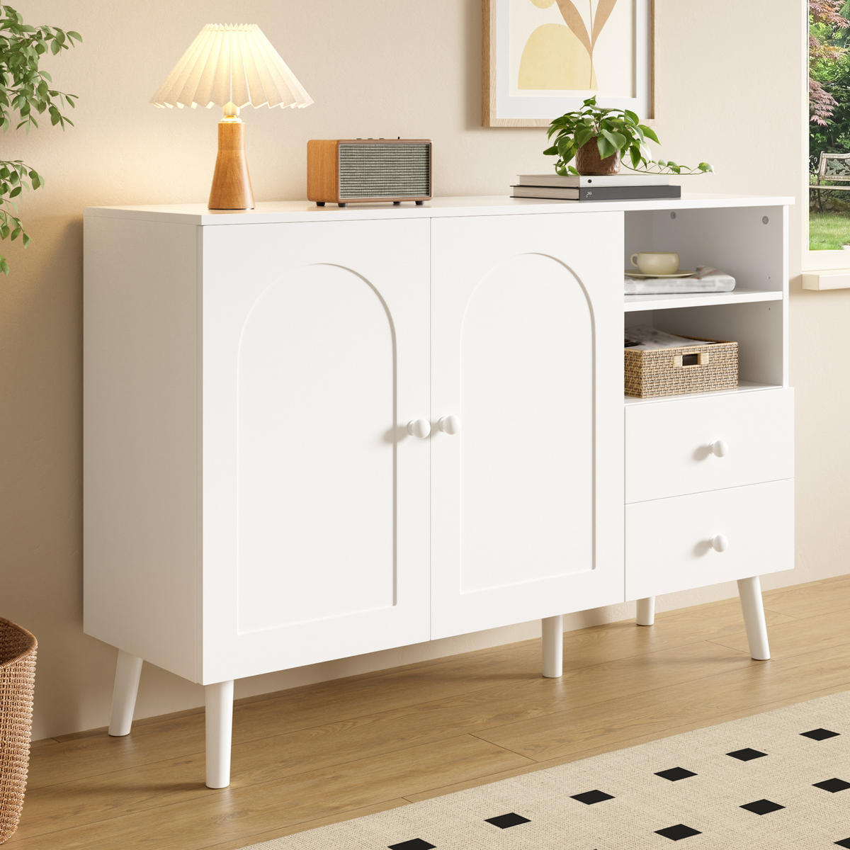 SIDEBOARD in Weiß mit Schubladen und offenen Fächern für Wohnzimmer, B118/T35/H82 cm - Weiß, Holzwerkstoff/Metall (118/82/35cm) - STILVORA