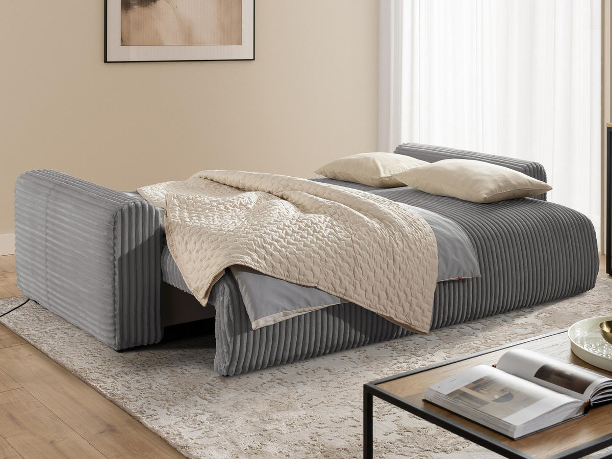 SCHLAFSOFA Calma mit Bettkasten im Bumpy-Design aus weichem Grau Plüschcord - Schwarz/Grau, Holz/Kunststoff (239/88/98cm) - S-Style
