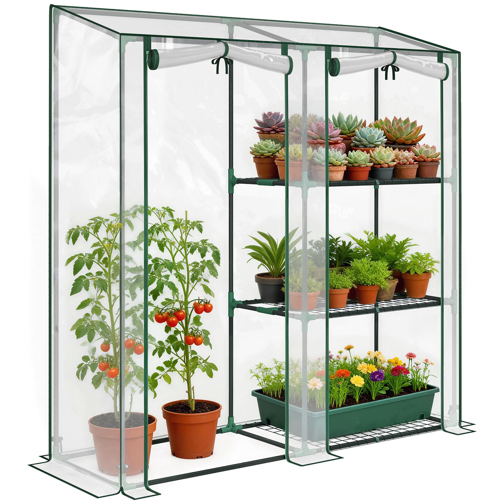 GEWÄCHSHAUS DE-12090 mit 3 Etagen & 2 Rolltüren Transparent - Transparent, Kunststoff (45/151/143cm) - ComfortXL