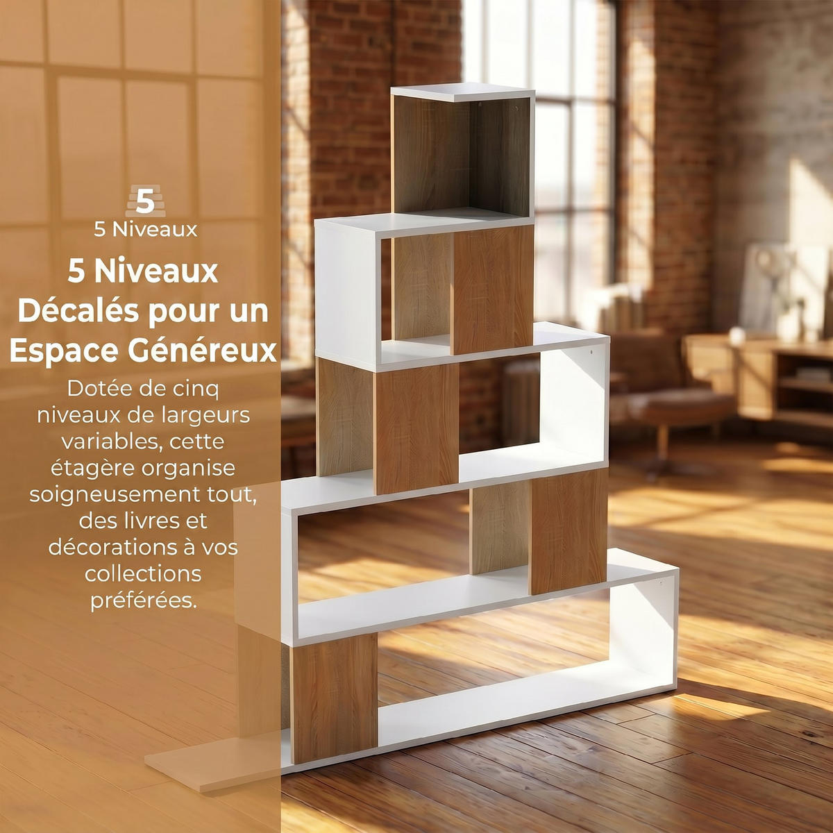 BÜCHERREGAL,5-STUFIG geometrisch,weiß-naturholz - Weiß, Holzwerkstoff (120/131.5/22cm) - Vallsero
