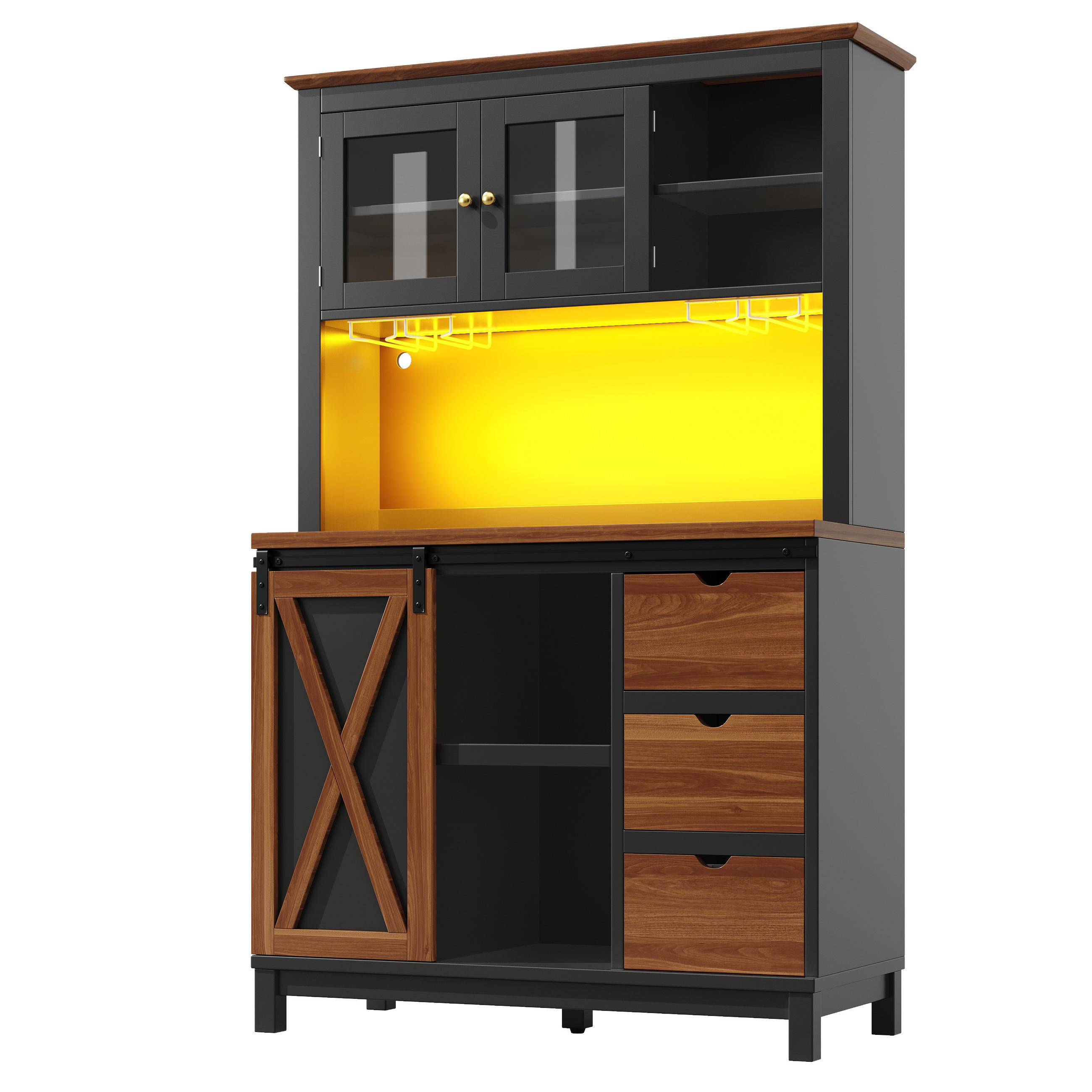 GESCHIRRSCHRANK aus MDF+Metall+Glas 104x40x180cm in Schwarz mit LED - Schwarz, Holzwerkstoff (104/180/40cm) - Modfu