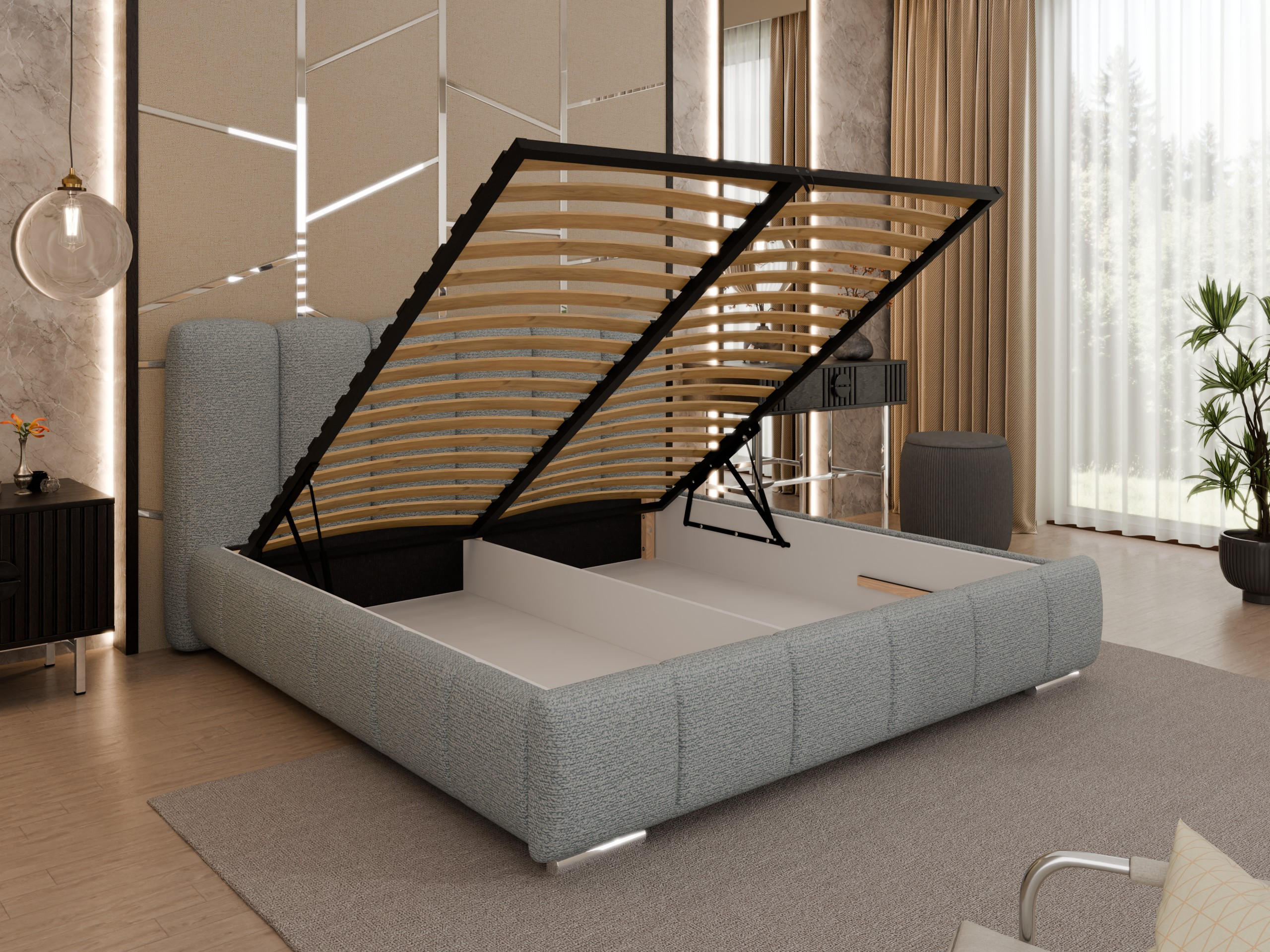 POLSTERBETT ZAIRA 180 x 200 cm mit Bettkasten und Lattenrost, 7-Zonen-Taschenfederkernmatratze CIRA (24 cm) – Grau - Grau, Holz (160/200cm) - Panda Möbel