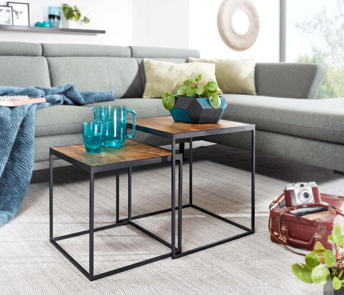 BEISTELLTISCH Set – 2-teilig Mango Massivholz Metall Braun Schwarz Industrial - Schwarz/Braun, Holz/Metall (40/40/44cm) - KADIMA DESIGN