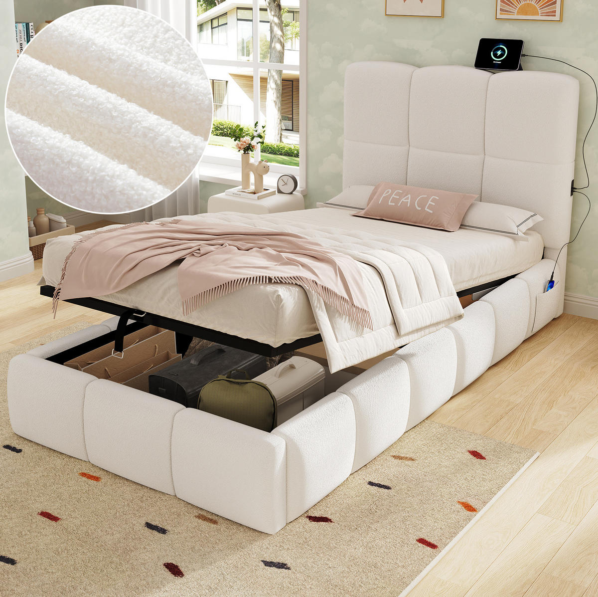BETT mit Stauraum und USB 90x200 cm Bouclé Beige - Beige, Metall (90/200cm) - Meubliv