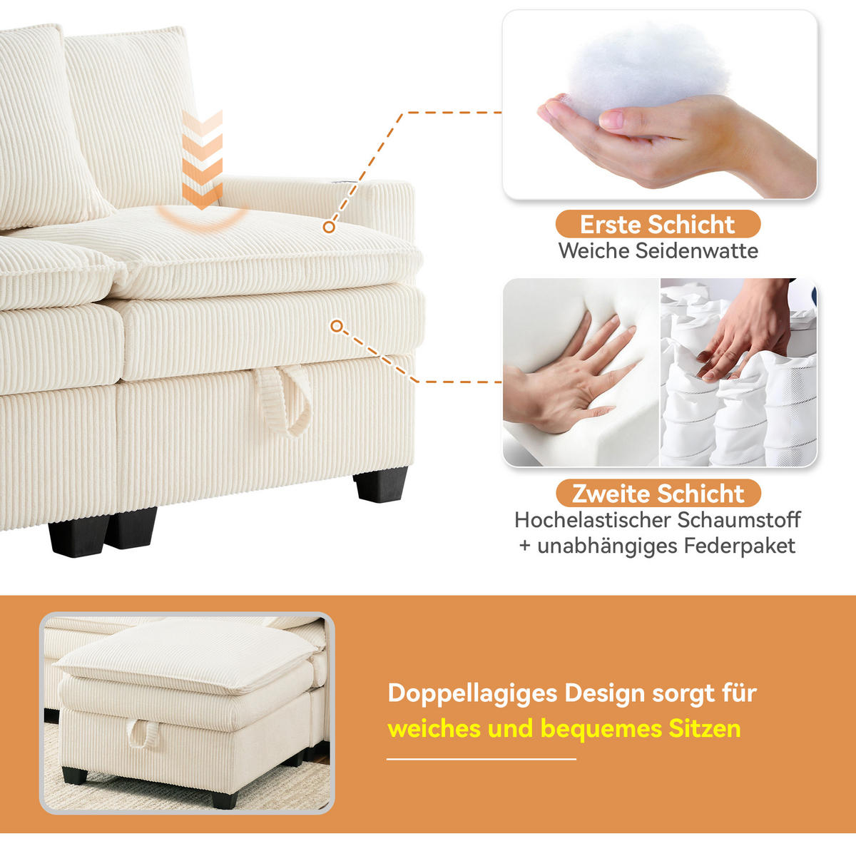 WOHNLANDSCHAFT Cord mit 2 Hockern und USB-Anschluss Stauraum 280/151/82 cm Beige - Beige, Kunststoff/Textil (82/280/151cm) - Redom