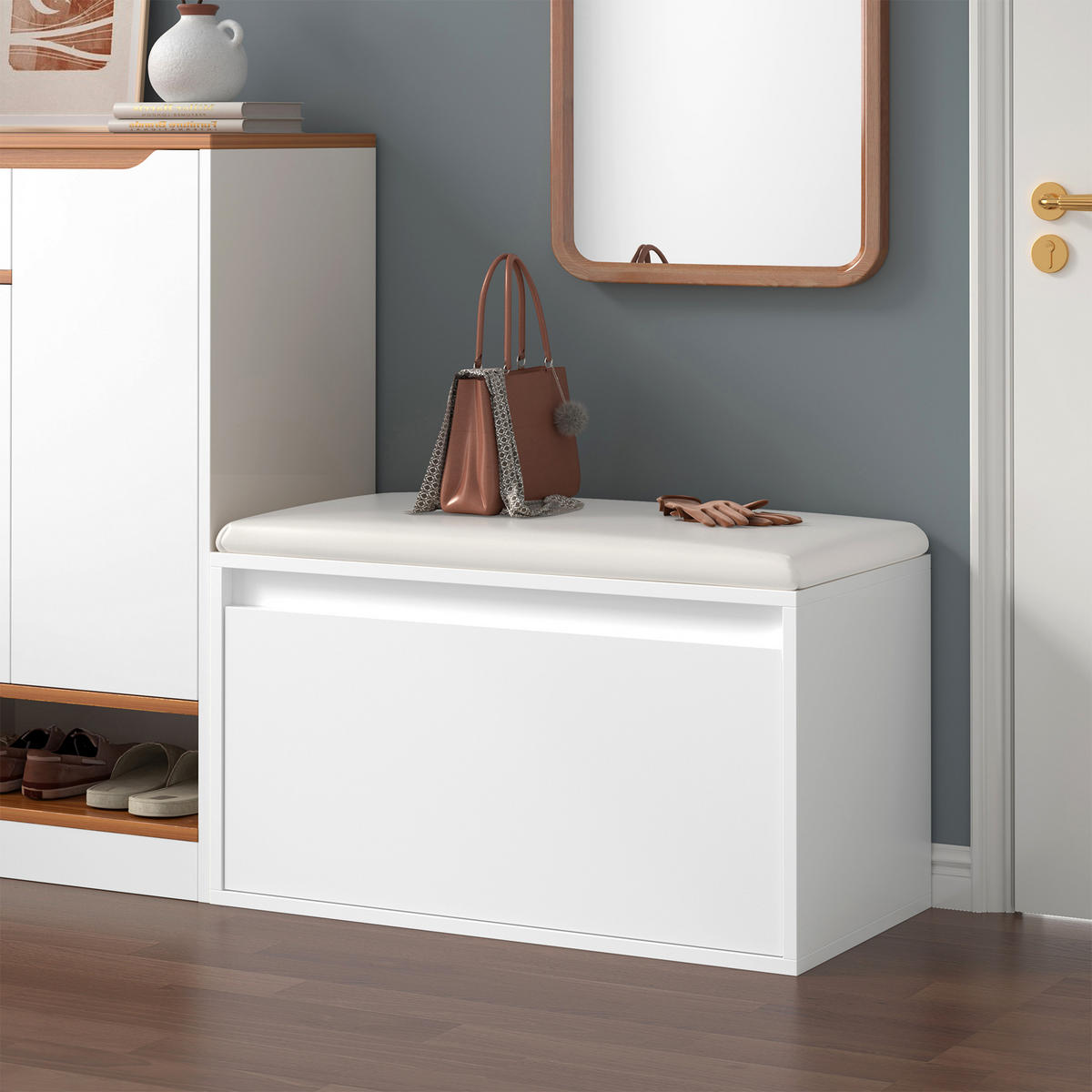 SCHUHBANK Degerfors - Weiß, Holzwerkstoff/Kunststoff (39/45/80cm) - [en.casa]