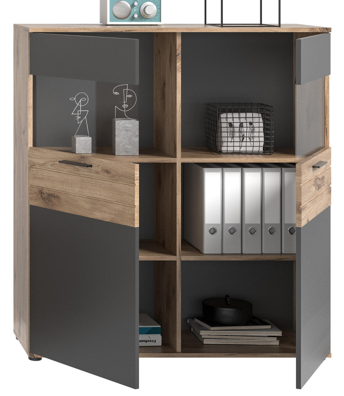 HIGHBOARD Eiche, grau 110/122 cm mit Soft-Close, Wohn- und Esszimmermöbel - Eichefarben/Schwarz, Glas/Holzwerkstoff (110/122/37cm) - Inn.Furn