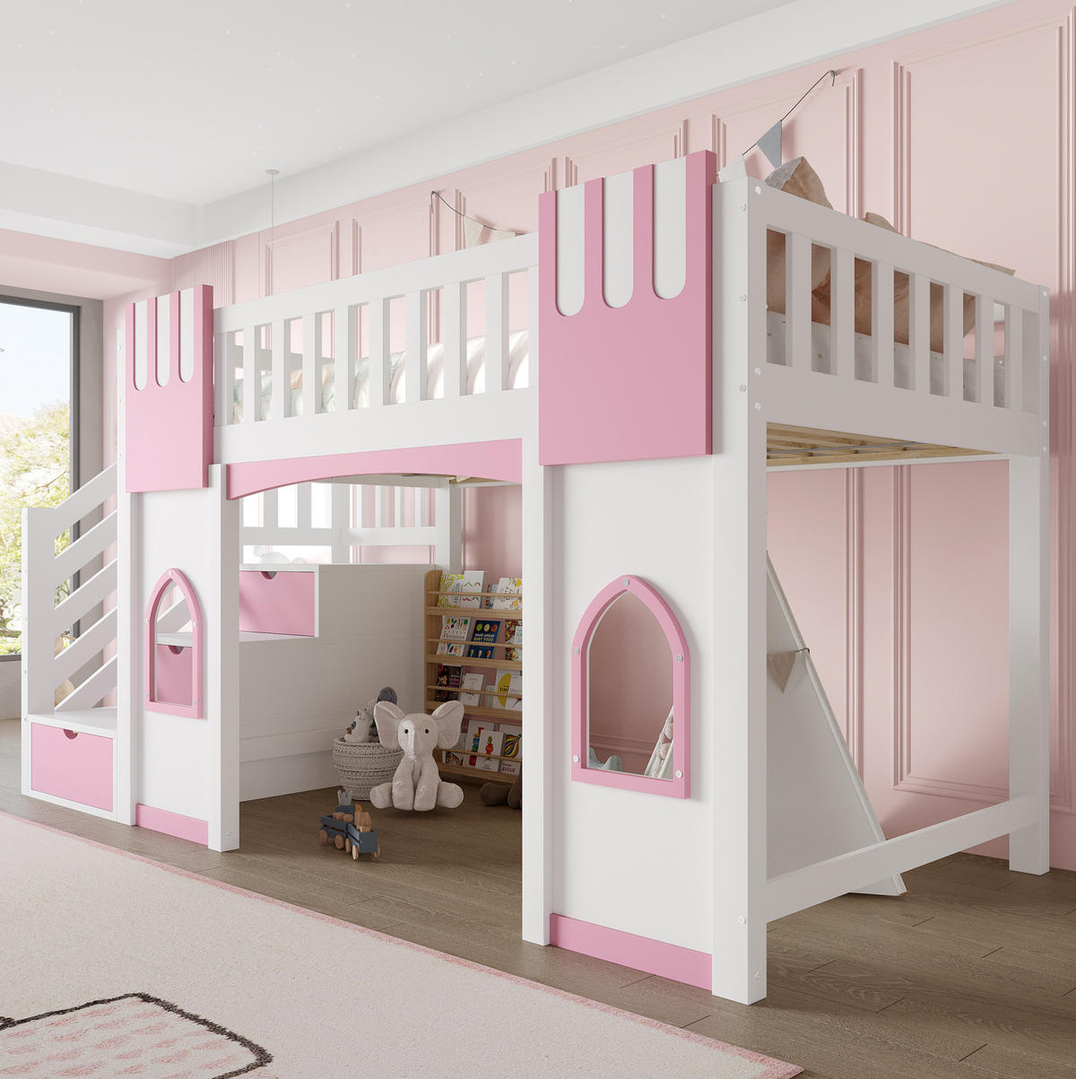 HOCHBETT 90/200 cm aus MDF, Kiefer und Sperrholz mit Stauraumtreppe und Fenstern Weiß/Rosa - Weiß, Holzwerkstoff (90/200cm) - Modenvie