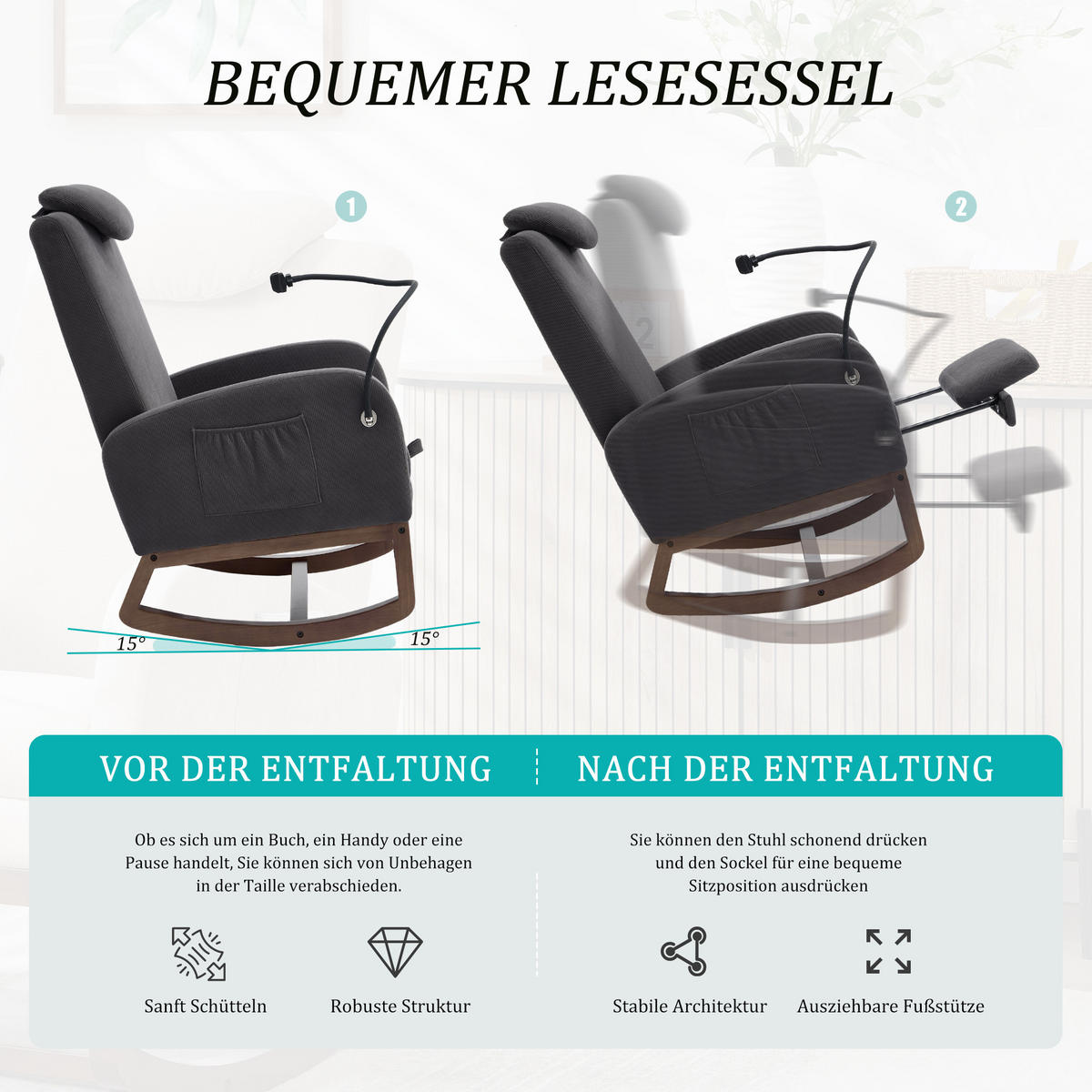 SCHAUKELSTUHL mit hoher Rückenlehne und Kopfstütze, ausziehbare Fußstütze/Handyhalterung – Dunkelgrau - Dunkelgrau, Holz/Textil (88/99/65cm) - KOMHTOM