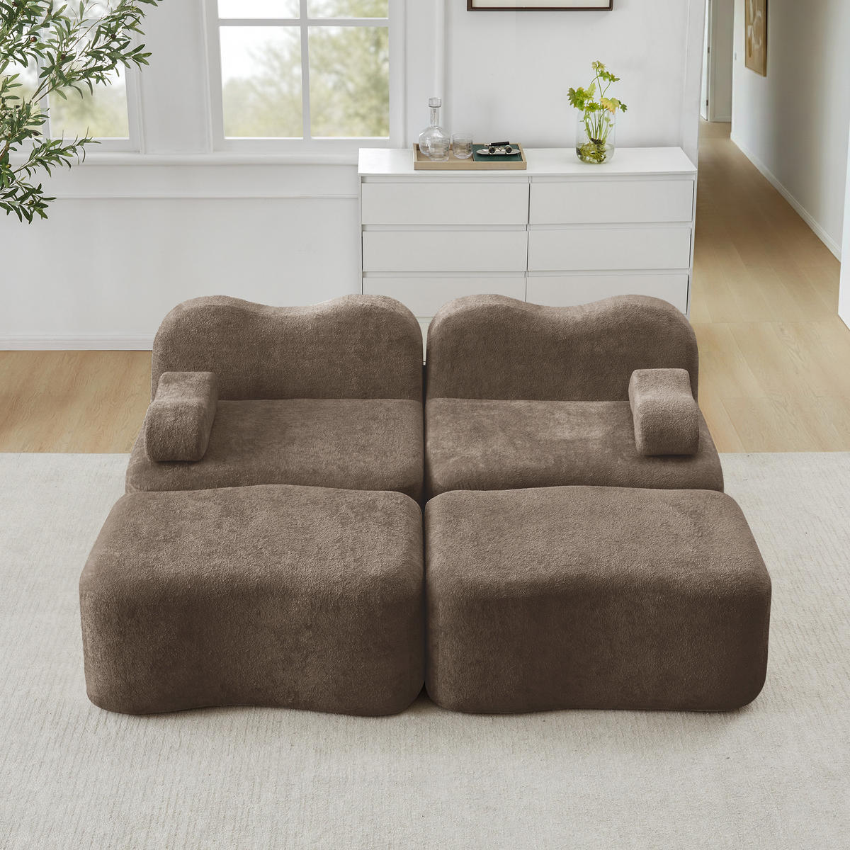 2-SITZER SOFA Samt Braun mit Ottomans - Braun, Textil (192/70/167cm) - WISHDOR