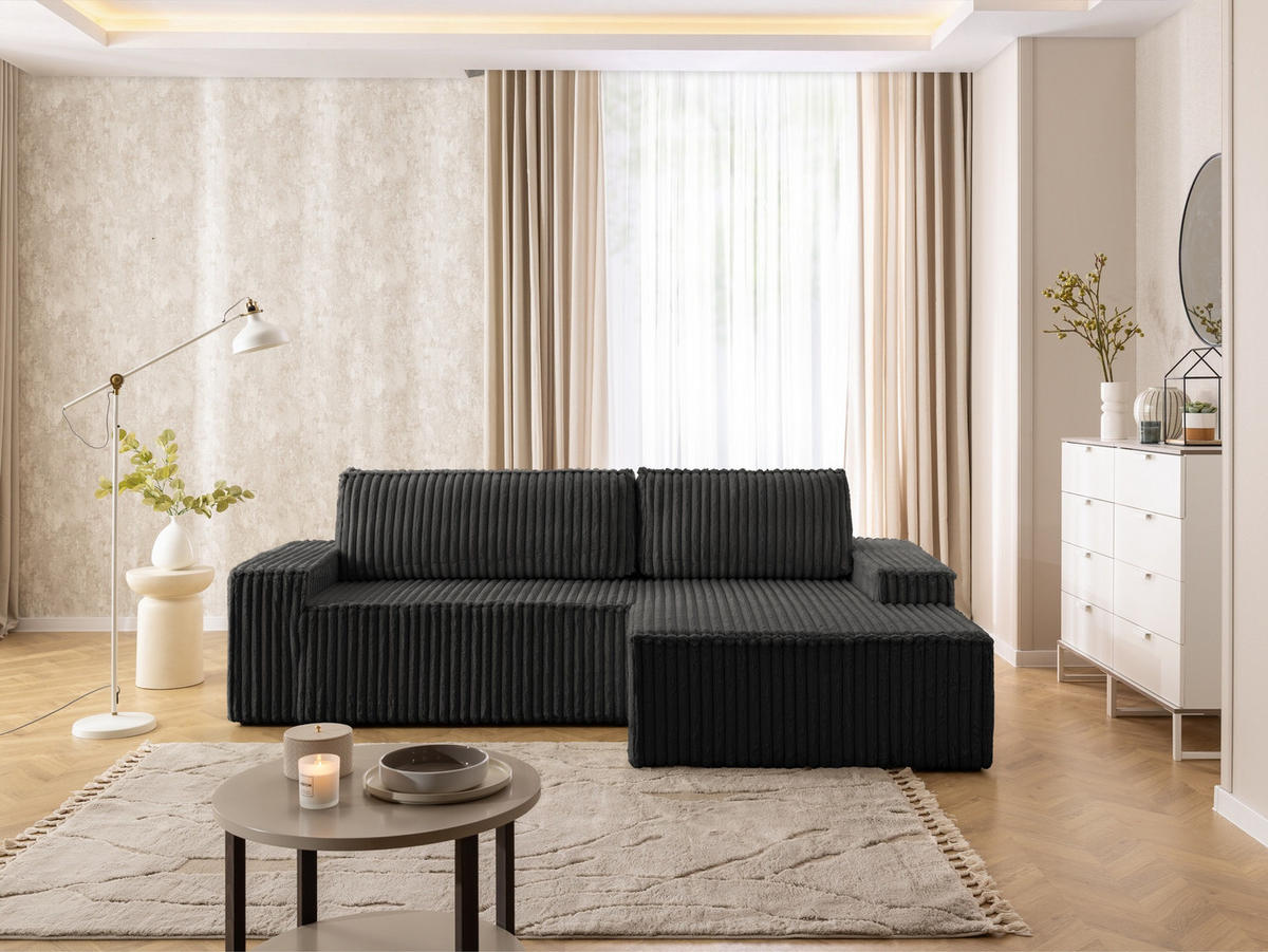 ECKSOFA Rivio mit Schlaffunktion und Bettkasten, Plüschcord Dunkelgrau - Dunkelgrau/Schwarz, Holz/Kunststoff (262/149cm) - S-Style