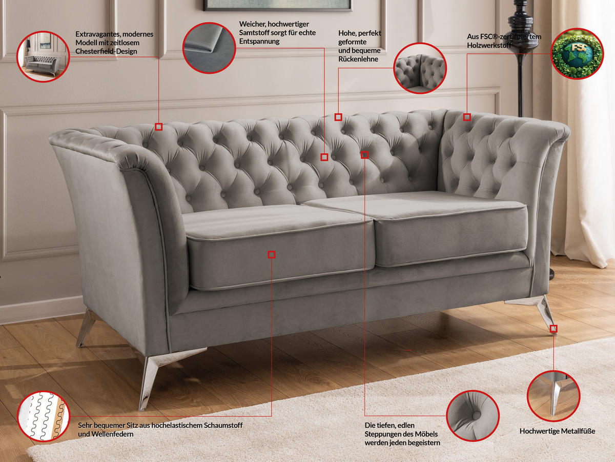 SITZGARNITUR 3+2 Chesterfield Whitby Grau Samt mit silbernen Füßen - Silberfarben/Grau, Holz/Textil (237/78/82cm) - S-Style Möbel