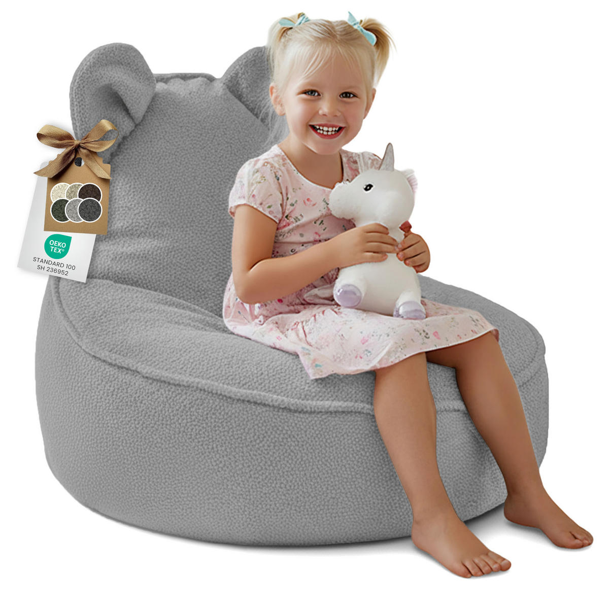 SITZSACK FÜR KINDER Maus 75/75/55 cm, weicher Bouclé 315 g/m², abnehmbarer Bezug, Pearl Grey - Hellgrau, Textil (75/55/75cm) - Dreamroots
