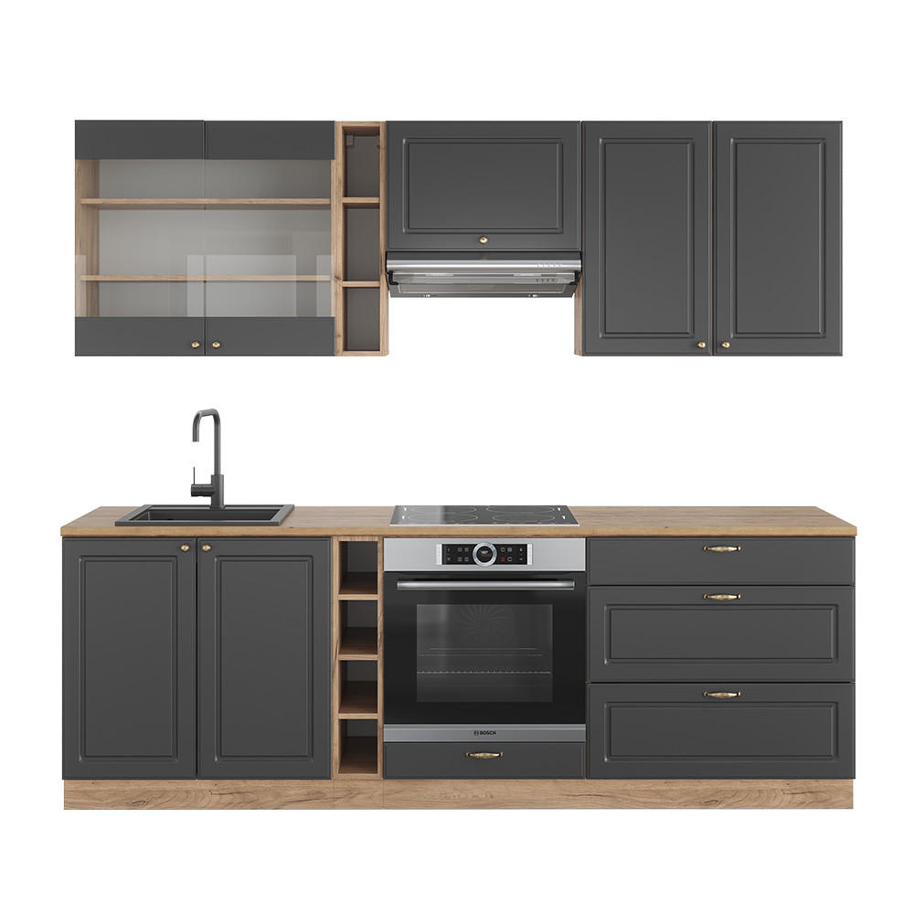 KÜCHENZEILE Fame-Line Anthrazit Landhaus/Goldkraft Eiche 235 cm ohne AP - Honigeiche/Anthrazit, Holzwerkstoff (235/81.6/46cm) - Vicco