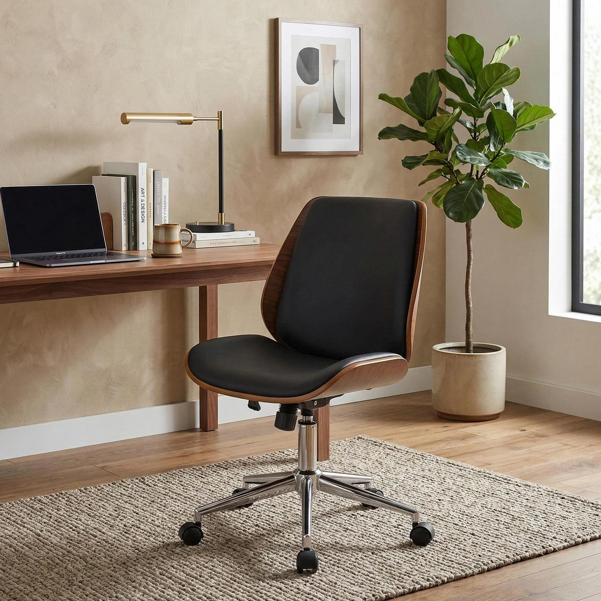 DREHSTUHL Lederlook Walnuss/Schwarz - Chromfarben/Walnussfarben, Textil/Metall (49.5/90/57cm) - CLP