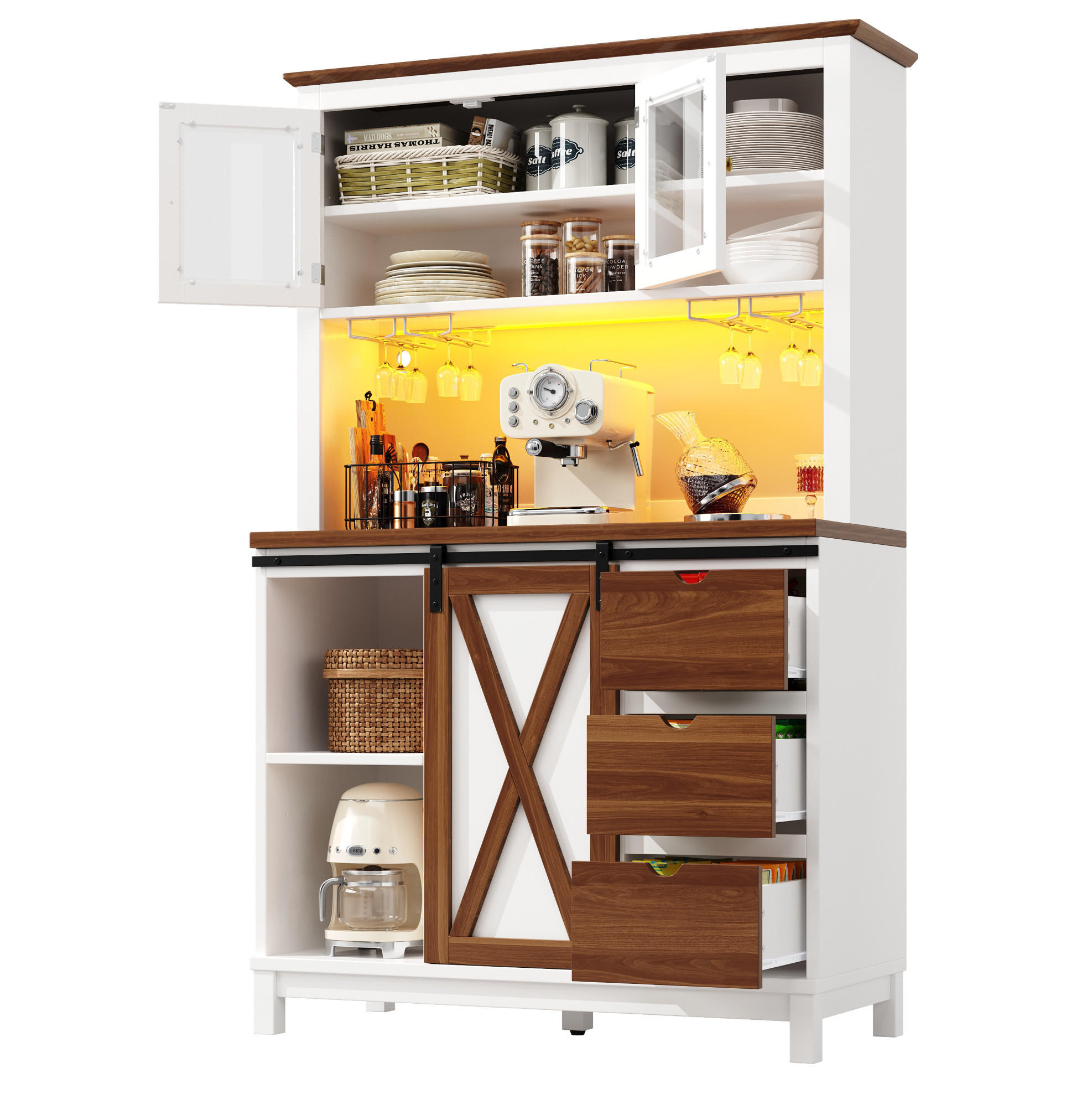 BUFFET 104/40/180 cm aus MDF, Metall und Glas mit LED-Beleuchtung und Schiebetür Weiß - Weiß, Holzwerkstoff (104/180/40cm) - Modenvie