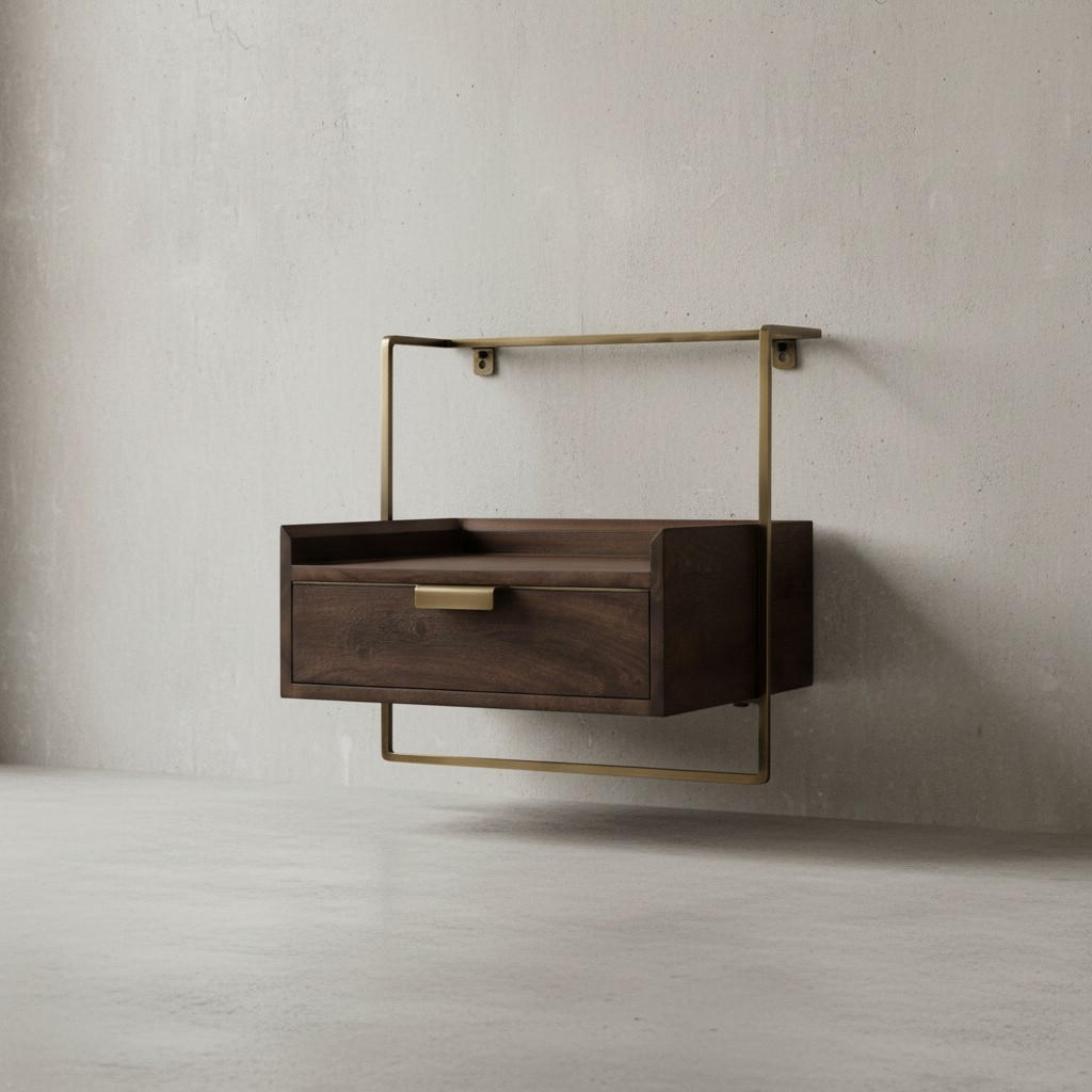 NACHTTISCH Mango Massivholz Wandmontage Schublade Boxspringbett, Braun 44x35x45 cm - Goldfarben/Braun, Holz/Metall (44/45/35cm) - KADIMA DESIGN