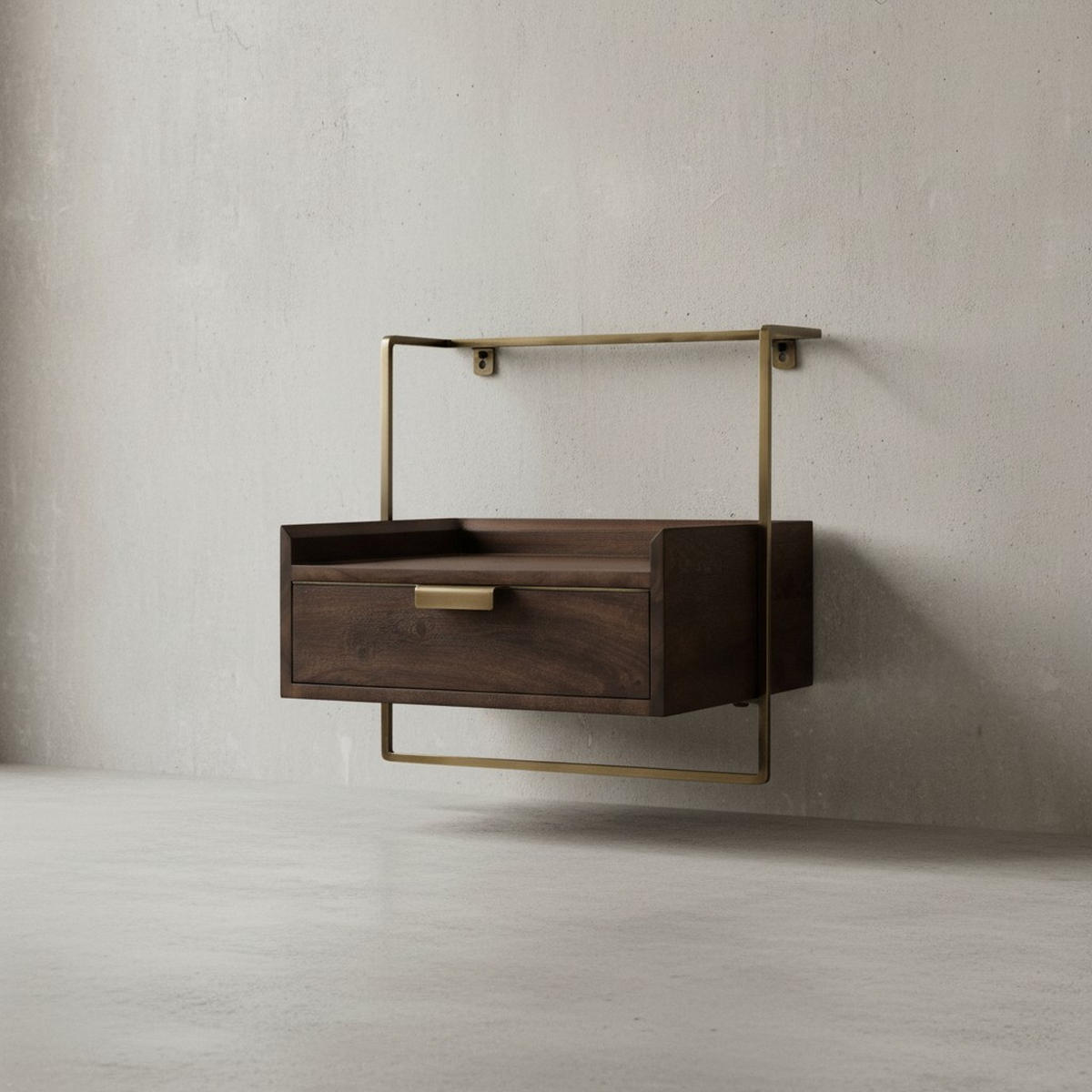 NACHTTISCH Mango Massivholz Wandmontage Schublade Boxspringbett, Braun 44x35x45 cm - Goldfarben/Braun, Holz/Metall (44/45/35cm) - KADIMA DESIGN