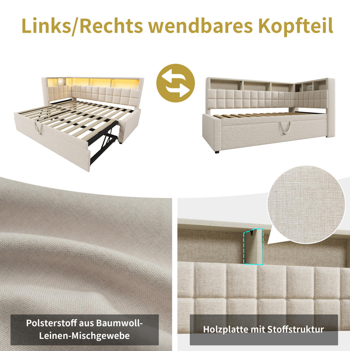 POLSTERBETT 140/200 cm aus PU mit LED USB-Ladestation und Stauraum Schwarz - Schwarz, Kunststoff (140/200cm) - Modenvie