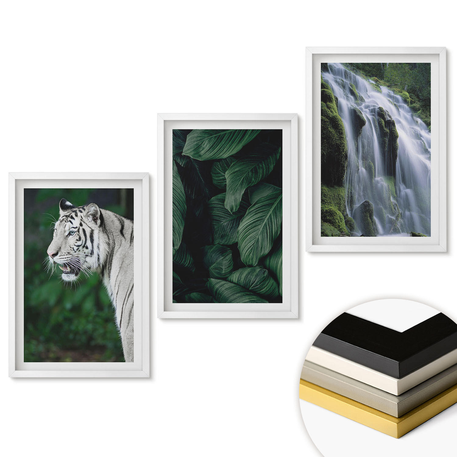 WANDBILDER 3er-Set - 40x60 cm Weißer Rahmen - Wasserfall aus weißen Tigerblättern - Weiß, Kunststoff (40/60cm) - ArtPrintCave