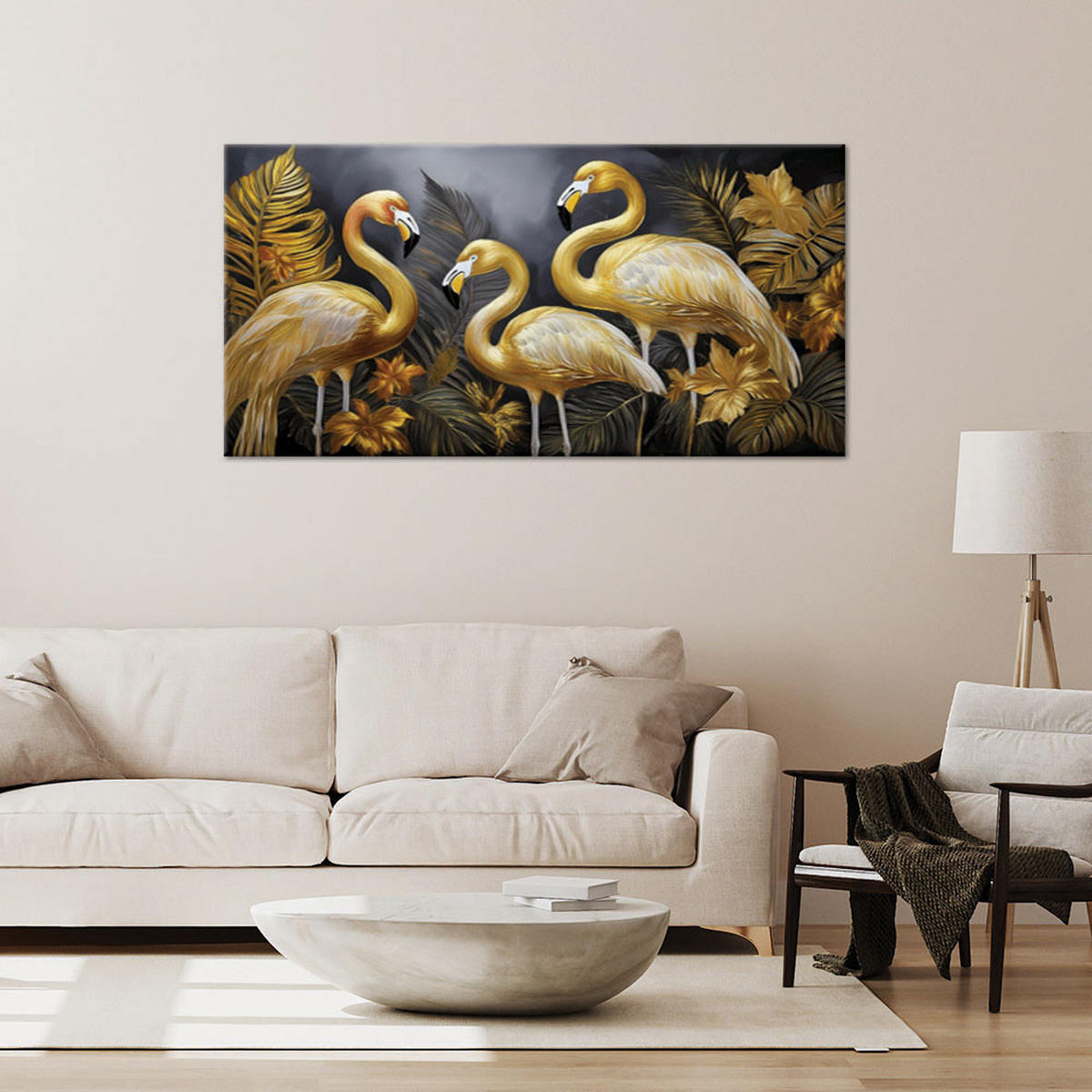 LEINWANDBILD Goldene Flamingos-Glamour-Vögel - Goldfarben, Textil (80/40cm) - Feeby