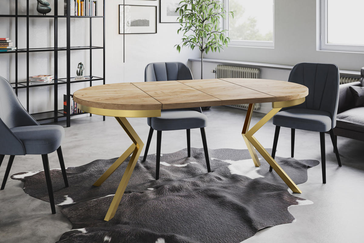 ESSZIMMERTISCH BERGO, ausziehbarer Tisch 90 cm/170 cm, Farbe: Braun, mit Metallbeinen in Farbe Gold - Goldfarben/Braun, Holzwerkstoff (90/90/76cm) - Alpi-Möbel