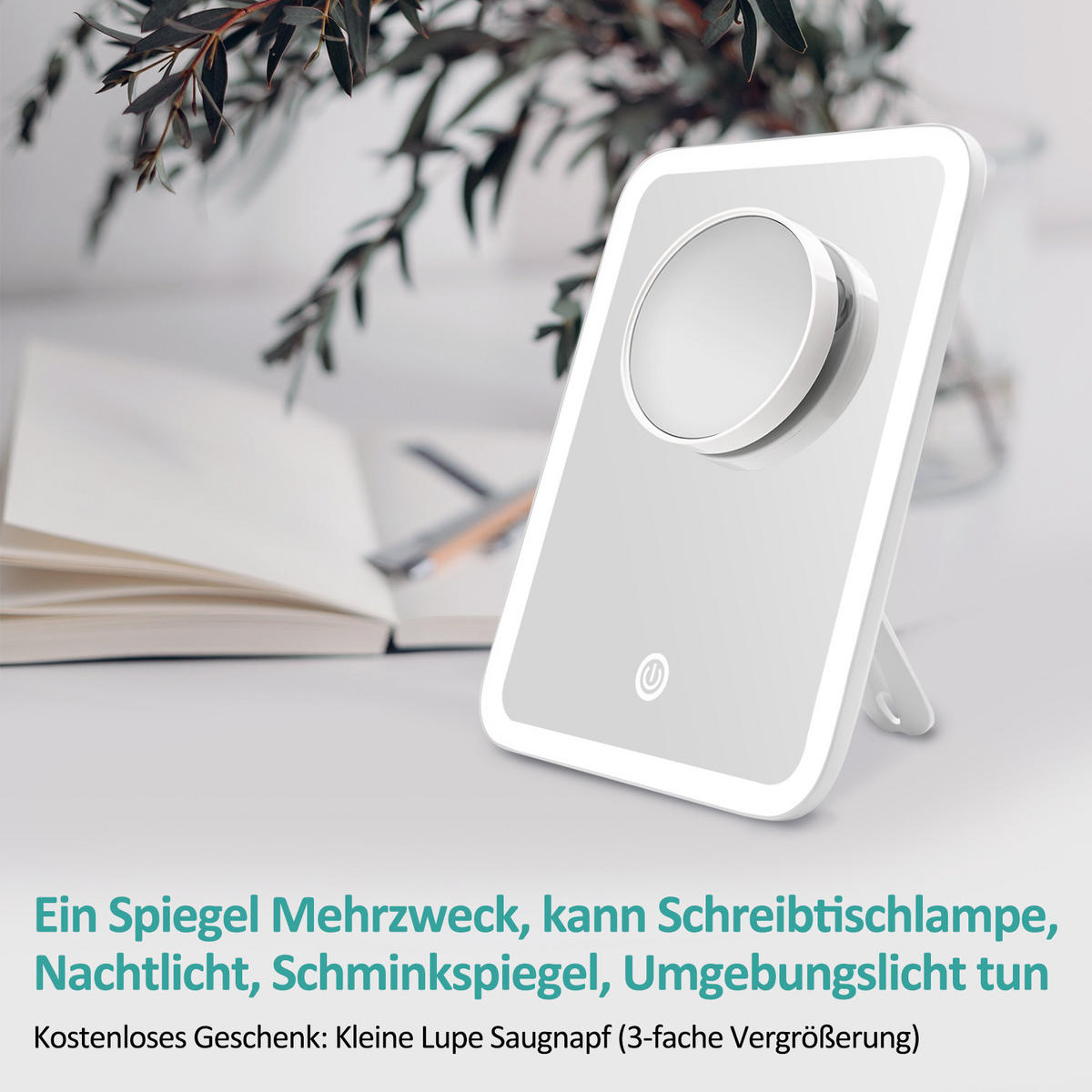KOSMETIKSPIEGEL mit Licht mit Abnehmbare Saugnapfes, Weiß, 23,2/18,1 cm - Weiß, Glas (18.1/23.2/23.2cm) - EMKE