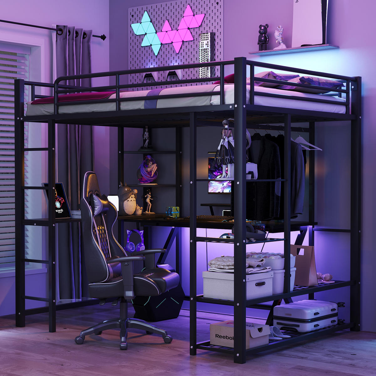 HOCHBETT 140/200 cm schwarz aus Metall mit Schreibtisch und Kleiderstange - Schwarz, Metall (140/200cm) - OKWISH