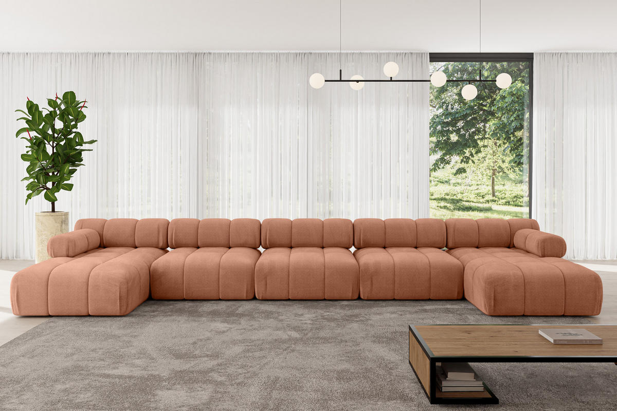 WOHNLANDSCHAFT modulares Sofa Tesso-U3 - 475x160x70 cm Apricot Velours - Koralle, Holzwerkstoff/Textil (475/70/160cm) - ALTDECOR
