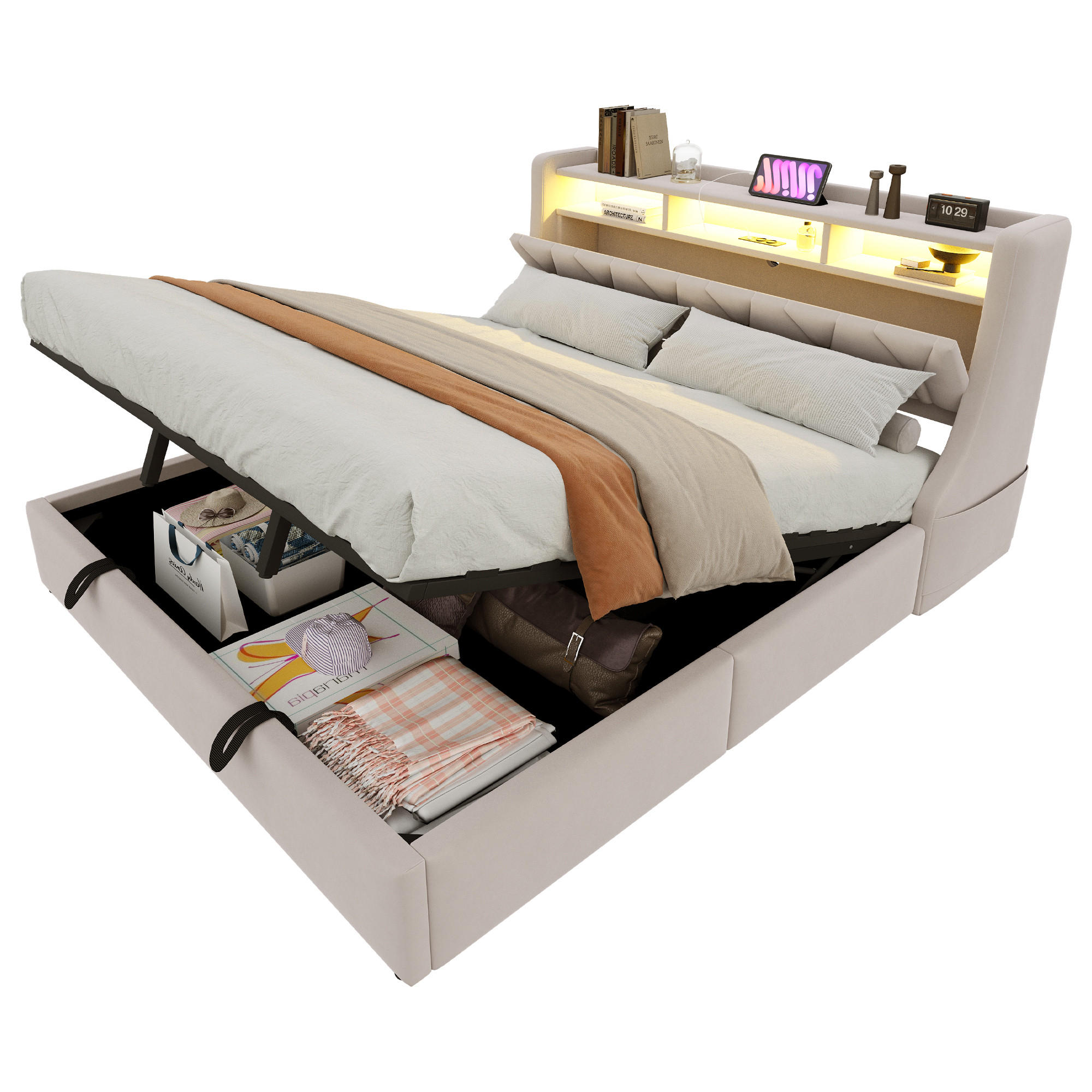 POLSTERBETT 180/200 cm Beige aus Samt mit Stauraum mit LED-Beleuchtung - Beige, Textil (180/200cm) - OKWISH