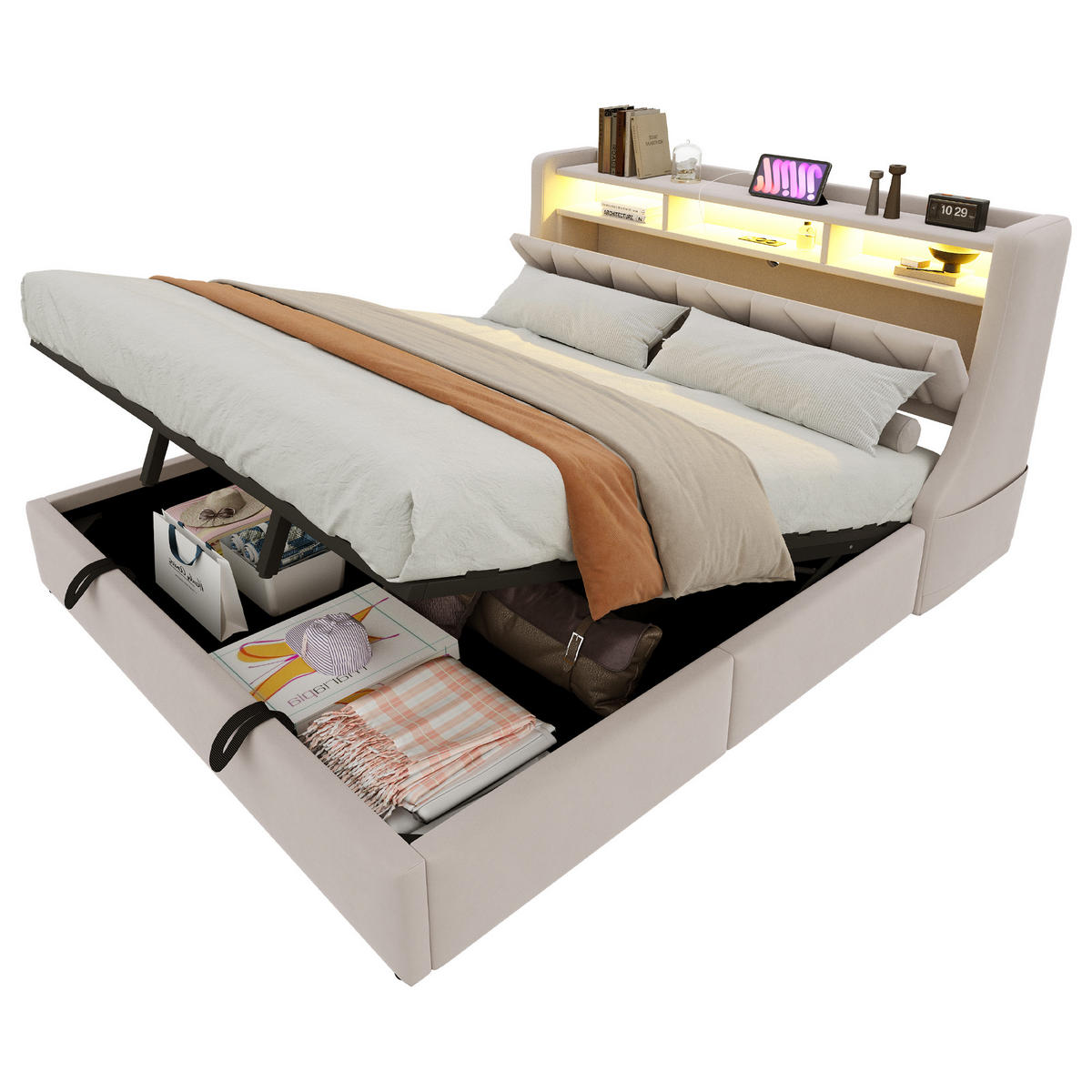 POLSTERBETT 180/200 cm Beige aus Samt mit Stauraum mit LED-Beleuchtung - Beige, Textil (180/200cm) - OKWISH