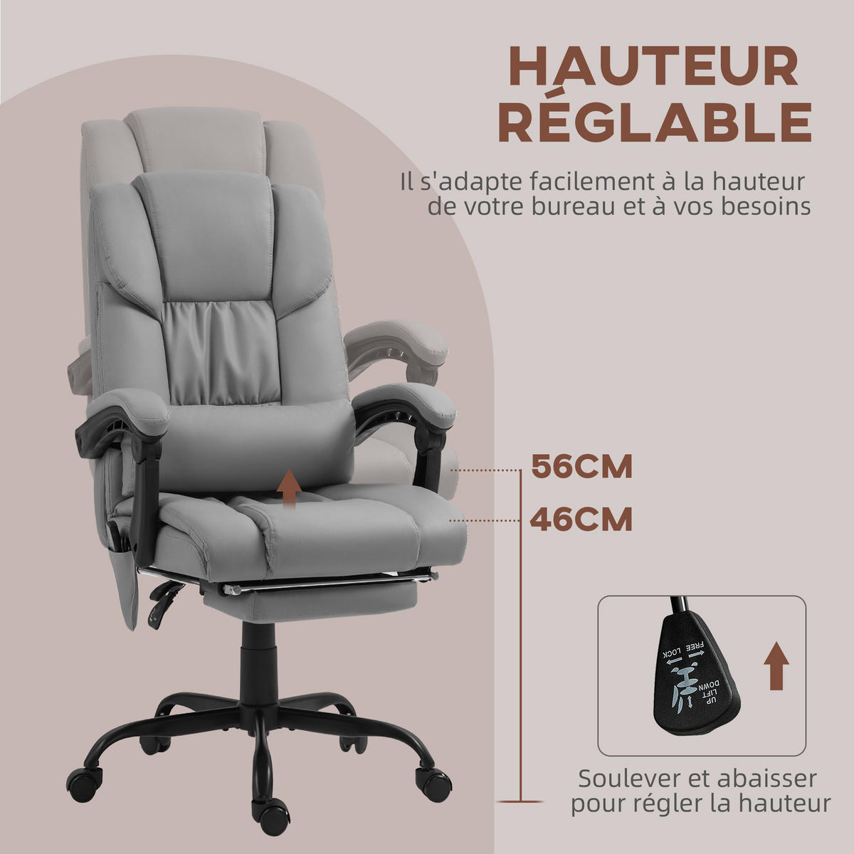 DREHSTUHL DE-11704 Massagefunktion mit Fußstütze & neigbarer Rückenlehne - Grau, Metall (75/122/66cm) - ComfortXL