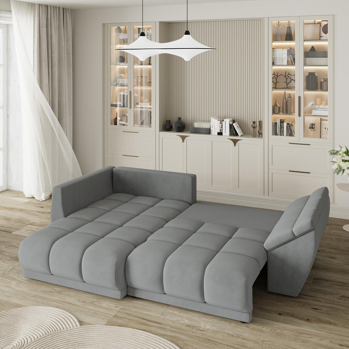 ECKSOFA ORENTI L-S Grau Velours-Stoff mit Schlaffunktion - Grau, Holz (287/182cm) - MASSENO