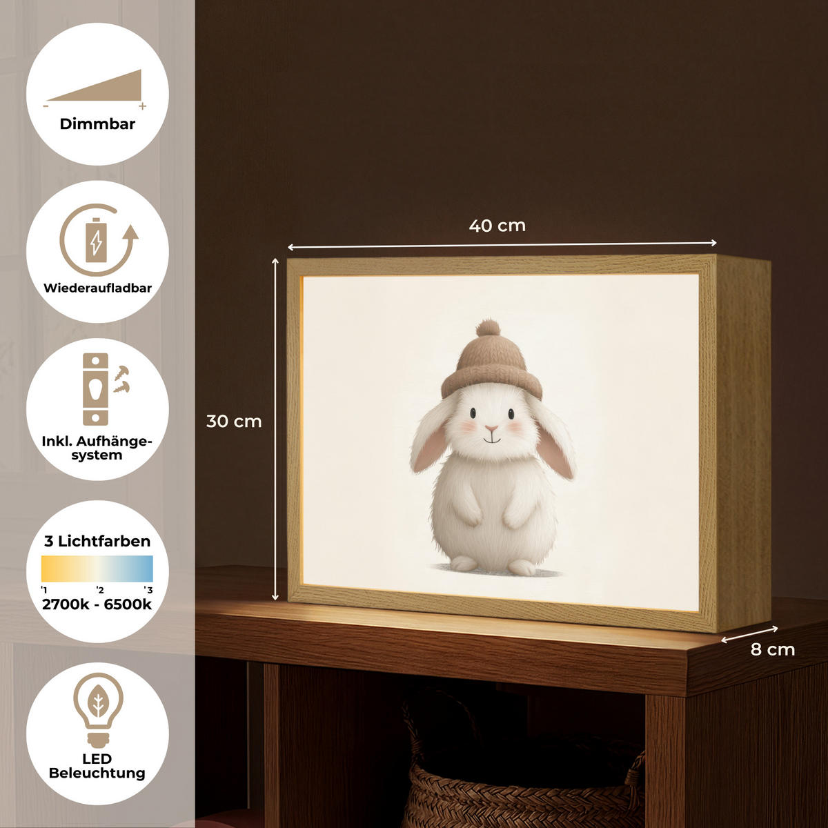 NÁSTĚNNÁ LAMPA S AKUMULÁTOREM Králík - Klobouk - Uši - béžový 40x30 cm - krémová, kompozitní dřevo (40/30/8cm) - OnlyWow