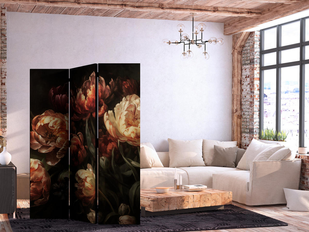 PARAVENT Beidseitig Bedruckter 3-tlg 135x172 cm Pfingstrosen im Retro - Multicolor, Holz/Textil (135/172/3cm) - Muralo
