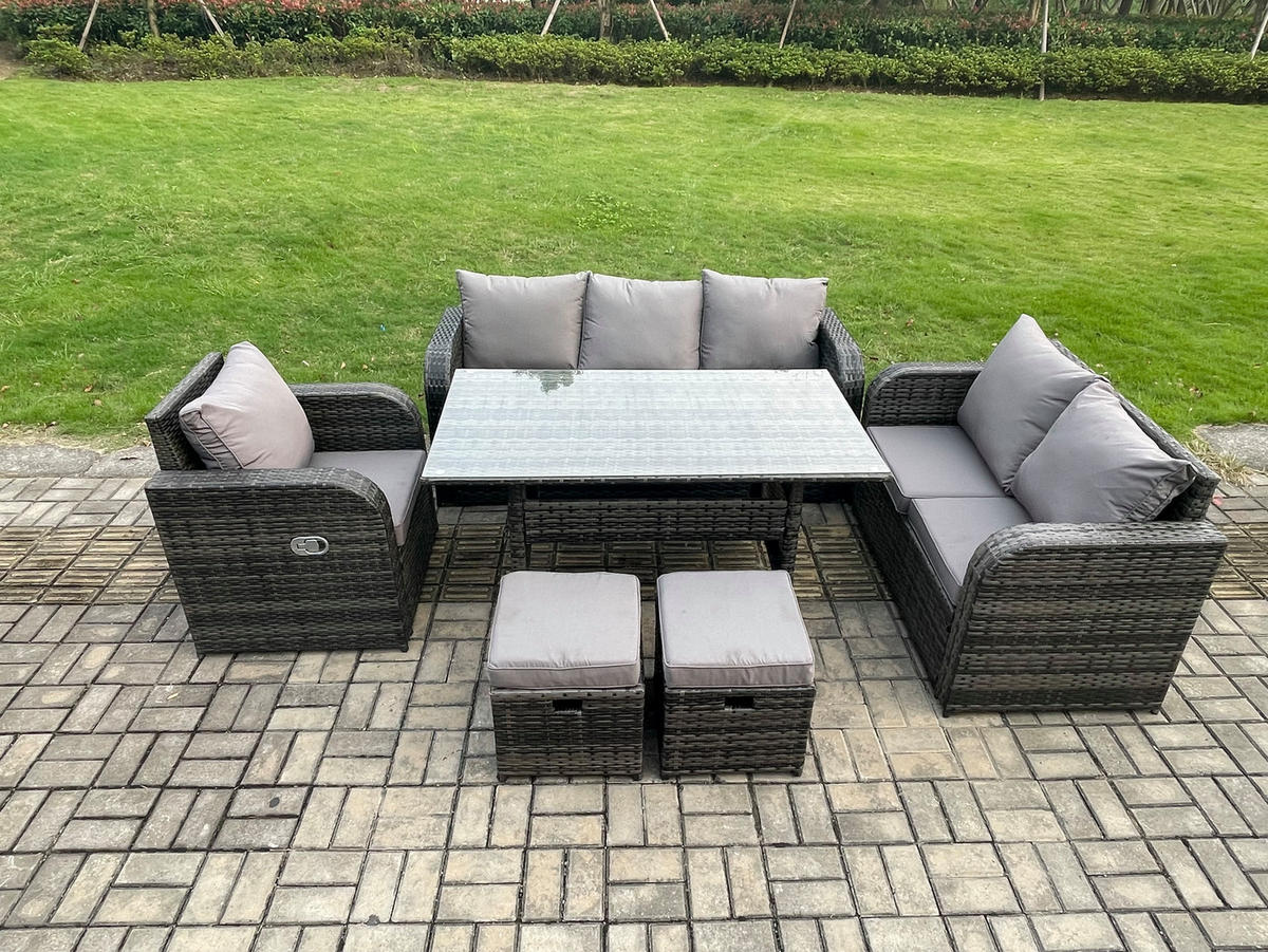GARTENTISCHGRUPPE mit Liegestuhl,Hocker Polyrattan 8-Sitzer - Dunkelgrau/Grau, Glas/Kunststoff - Fimous