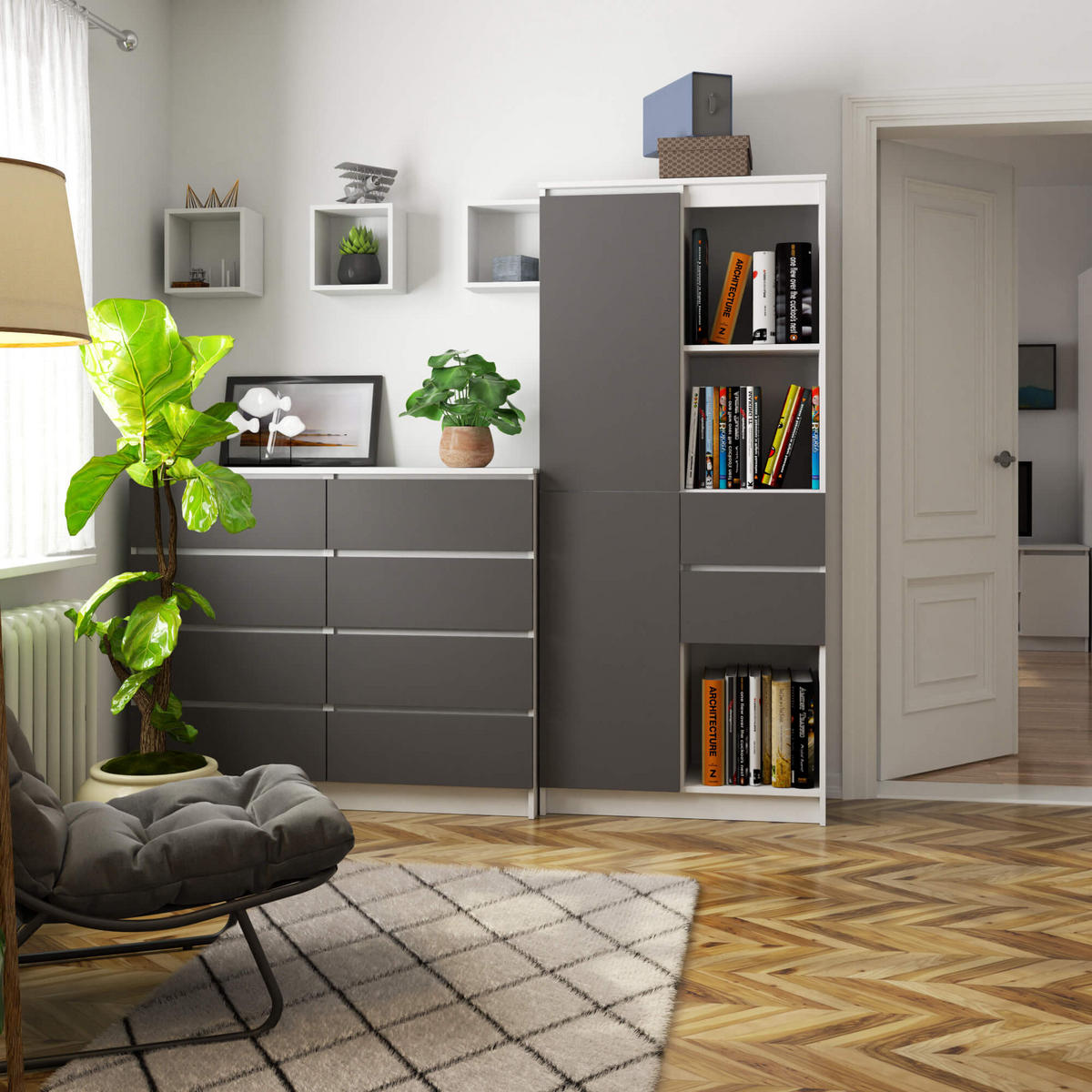 MEHRZWECKSCHRANK Weiß, Grau 80x180x35 cm - Graphitfarben/Weiß, Holzwerkstoff (80/180/35cm) - Akord