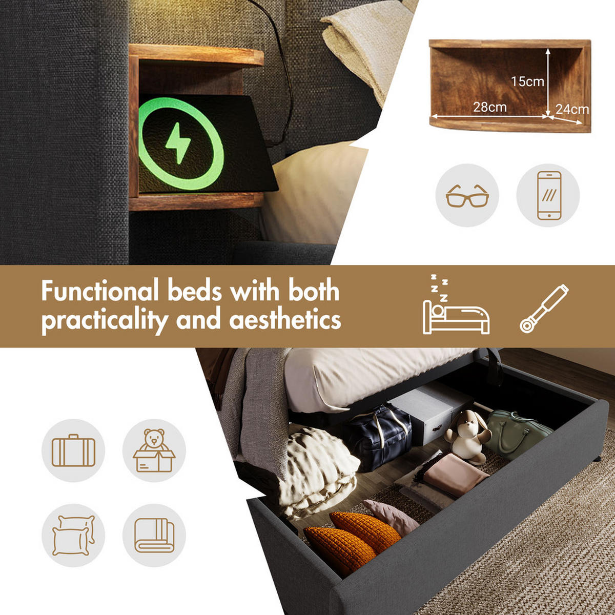 POLSTERBETT 160x200cm Doppelbett mit Nachttisch Leselampe & USB-C Grau - Grau, Holz - FLIEKS