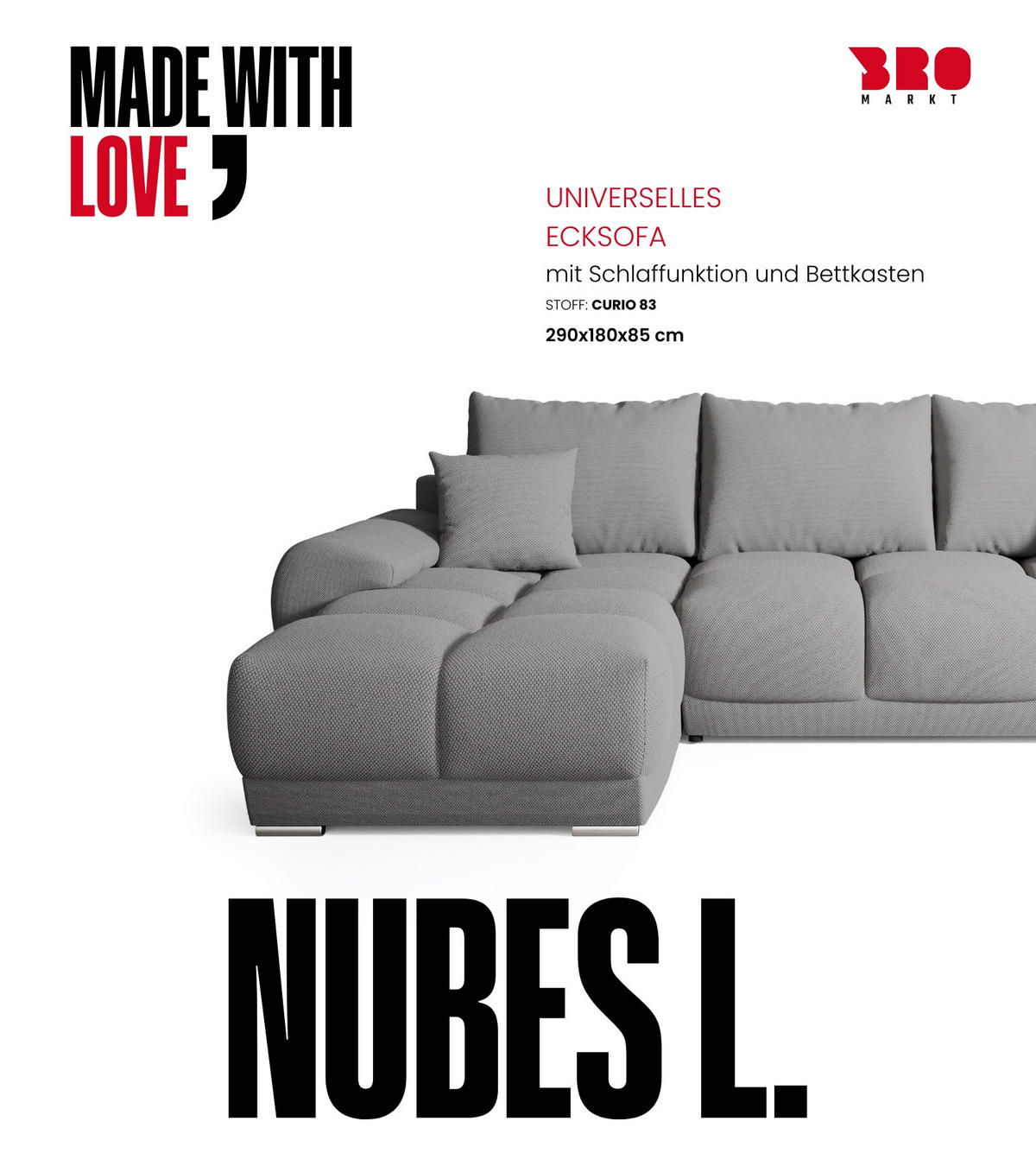 ECKSOFA Nubes mit Schlaffunktion Grau - Dunkelgrau/Silberfarben, Kunststoff/Textil (290/180cm) - Bromarkt