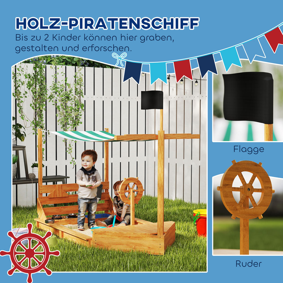 SANDKASTEN groß mit Abdeckung im Schiff Design Matschekiste aus Holz - Orange, Holz (180/103/144.5cm) - Outsunny