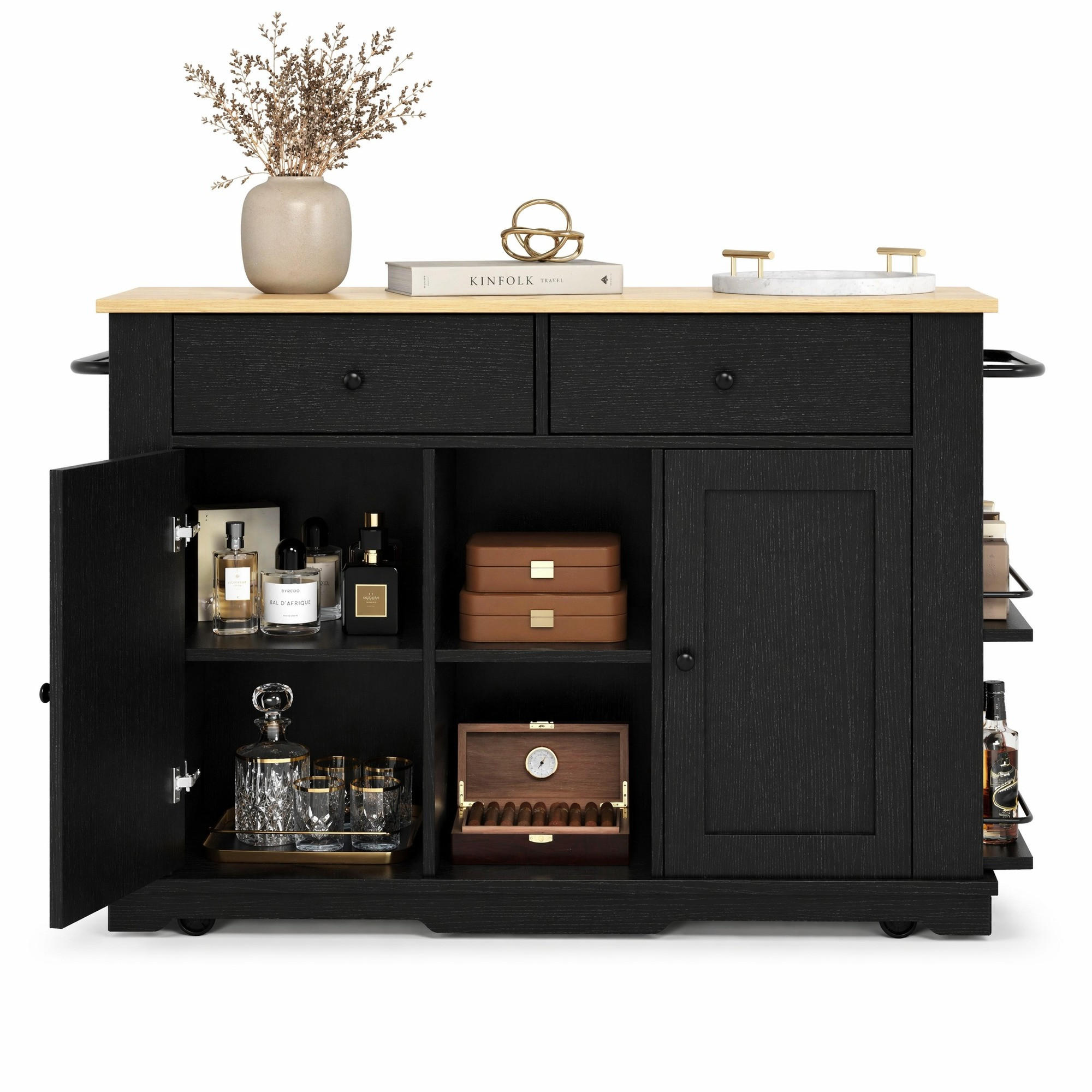 KÜCHENINSEL in Schwarz und Naturfarben Servierwagen mit Schubladen für Küche und Esszimmer, B151.5/T59.7/H91.7 cm - Schwarz/Naturfarben, Holzwerkstoff/Metall (151.5/91.7/59.7cm) - STILVORA