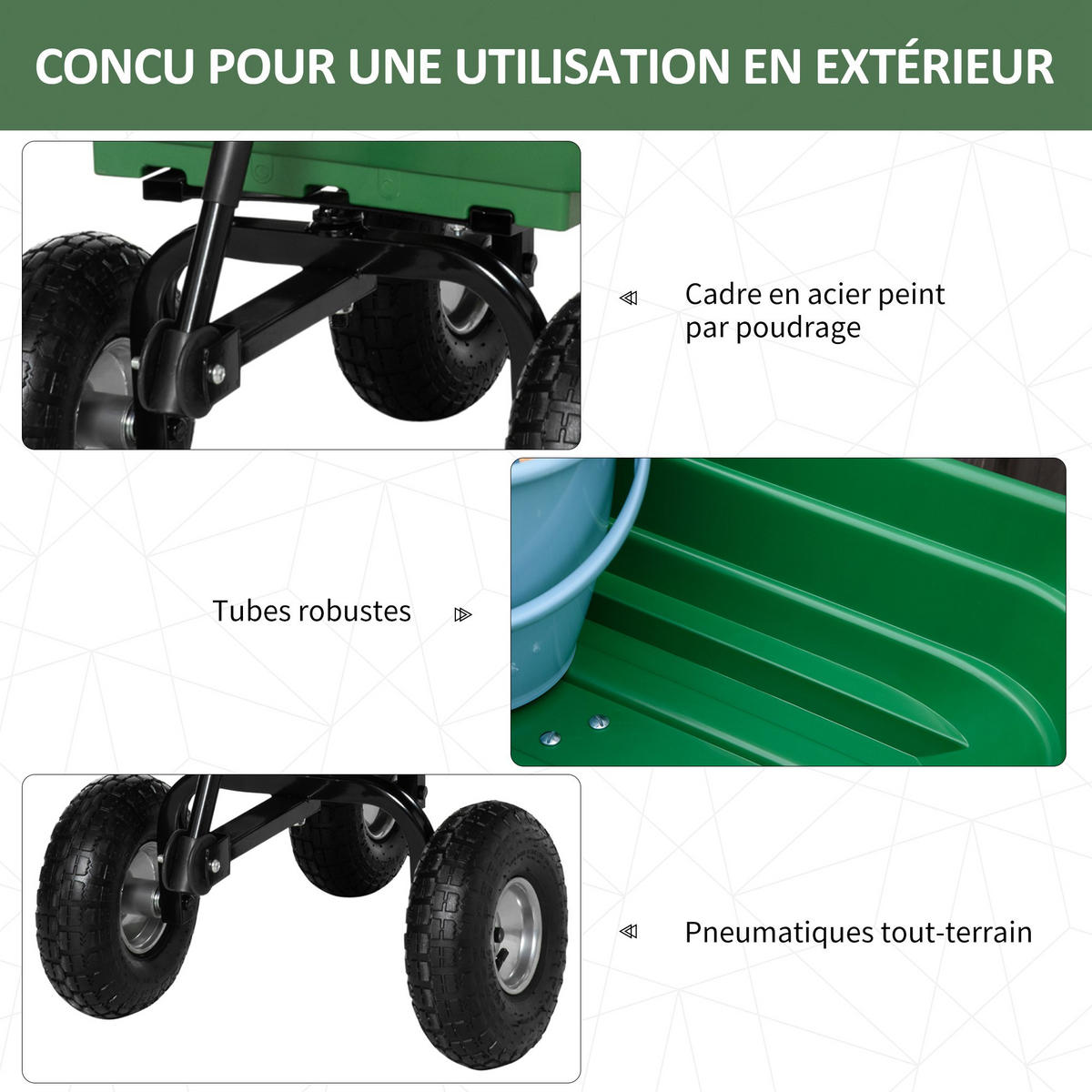 GARTENWAGEN DE-17598 100 L Kippmulde, 250 kg, 4 Luftreifen Grün - Grün, Metall (52/100/108cm) - ComfortXL