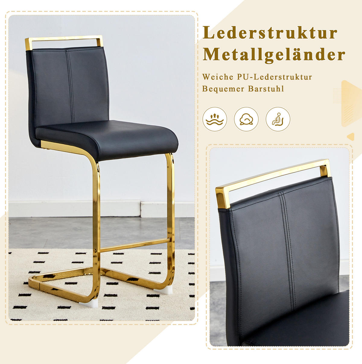 BARHOCKER 2er-Set Schwarz/Gold mit Fußstütze - Schwarz, Metall (46.5/96.5/39cm) - MIVRAY