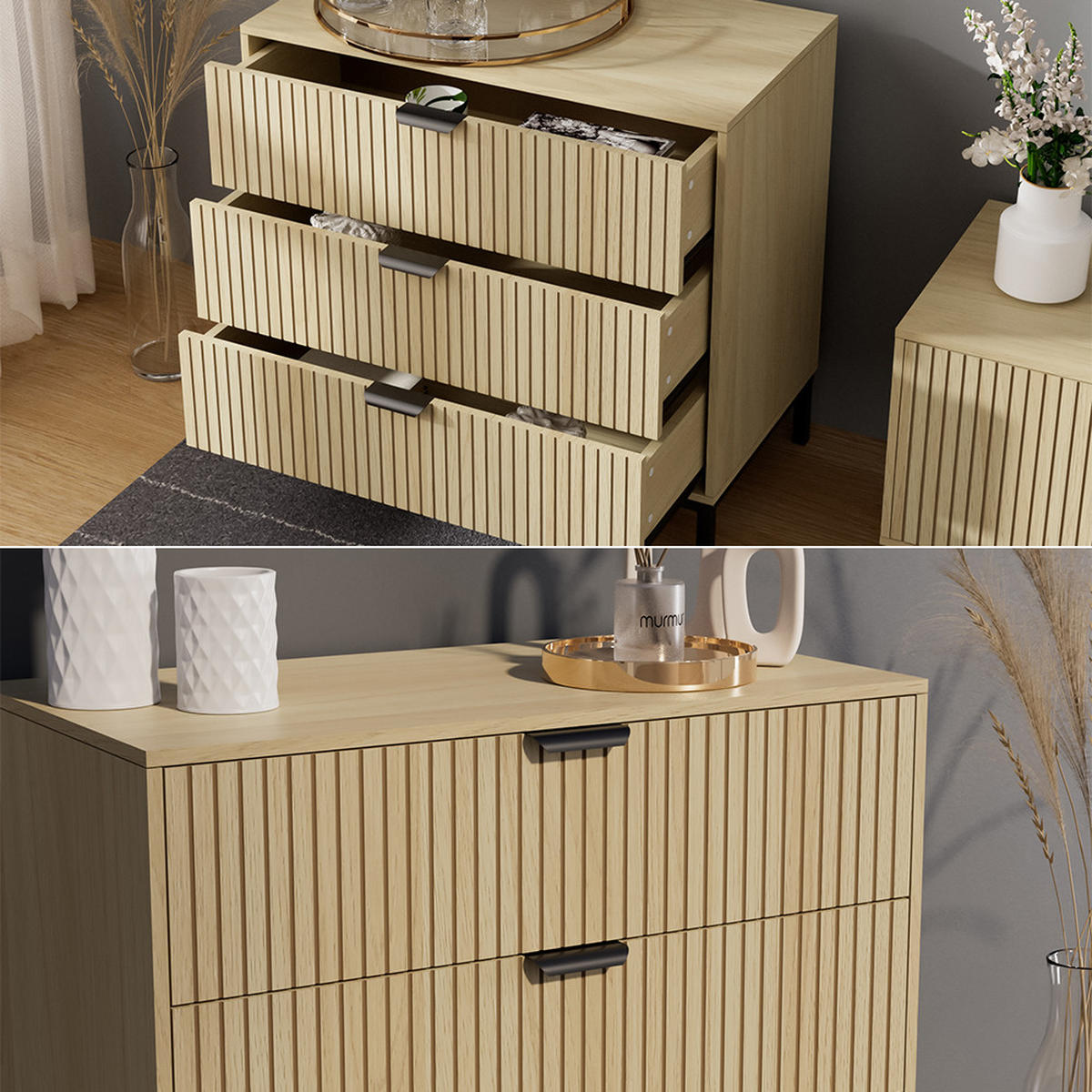 KOMMODE Lennox Eiche 72 x 69 cm mit 3 Schubladen - Eichefarben/Schwarz, Holzwerkstoff (72/69/40cm) - Vicco