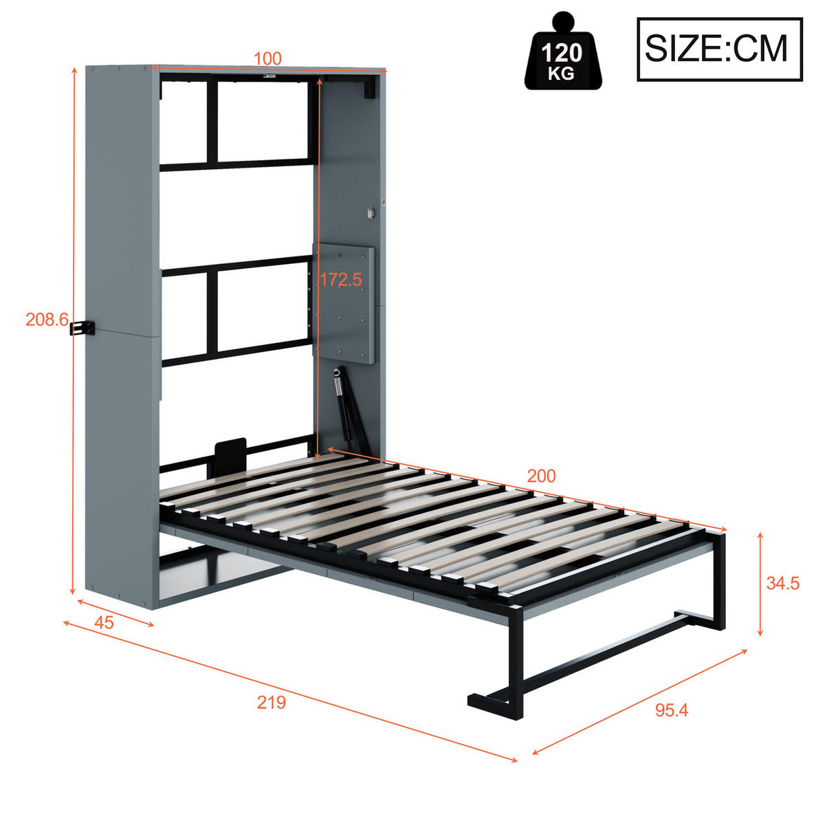KLAPPBETT 90/200 cm in Grau aus Metall und Holz mit Wandverriegelung - Grau, Holzwerkstoff/Metall (90/200cm) - WISHDOR