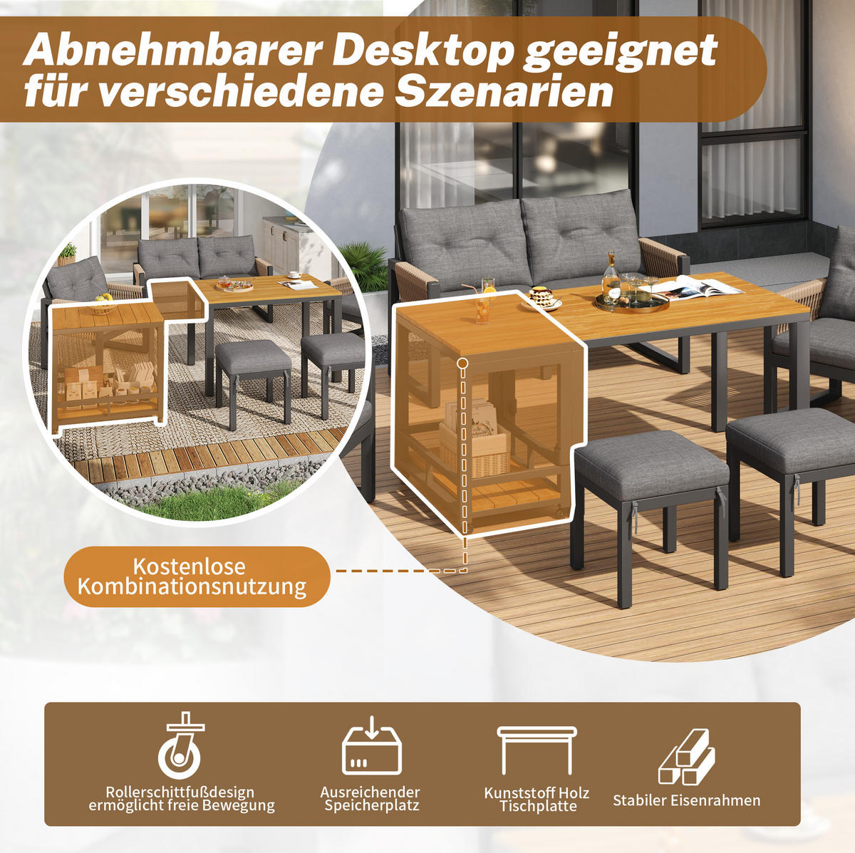 LOUNGEGARNITUR 150/79,5/75 cm Grau/Natur aus Eisen mit abnehmbarem Tisch 6er Set - Grau, Metall - OKMYHOME