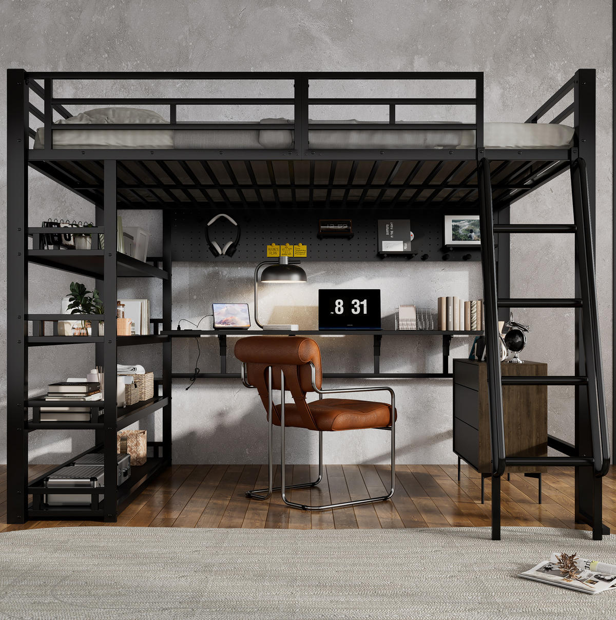 HOCHBETT 140/200 cm Schwarz aus Eisen und Spanplatte mit Ablagen und Ladeanschluss - Schwarz, Metall (140/200cm) - OKMYHOME