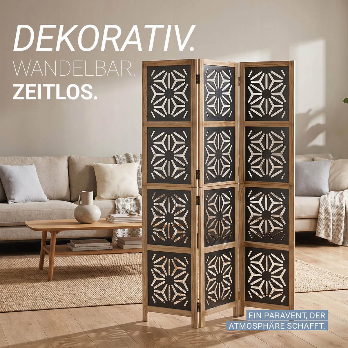 PARAVENT 3-tlg. 120/170 cm Braun Holz-Ornamentik - Braun, Holz (120/170/2cm) - Homestyle4u