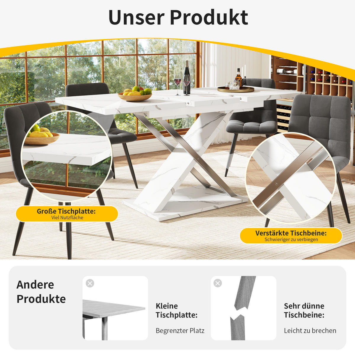 AUSZIEHBARER Esstisch aus MDF mit Marmormuster, 118-157/75/76,4 cm, Weiß - Weiß, Holzwerkstoff (118/75/76.4cm) - Redom