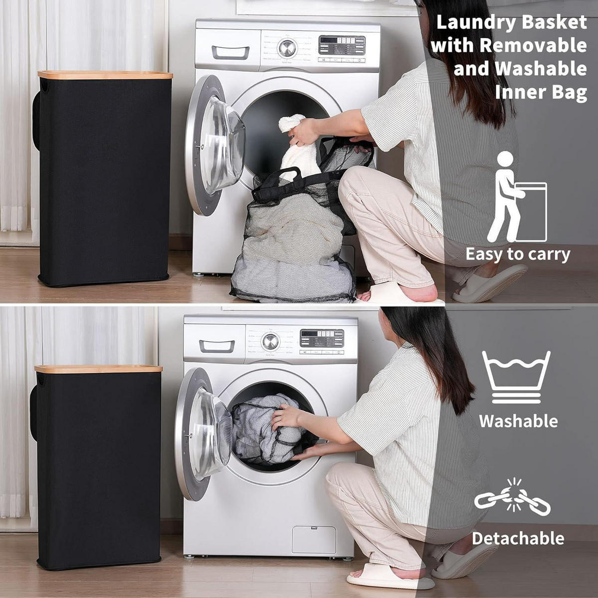 WÄSCHEKORB mit Deckel 60L Schwarz - Schwarz, Textil (22/70/41cm)